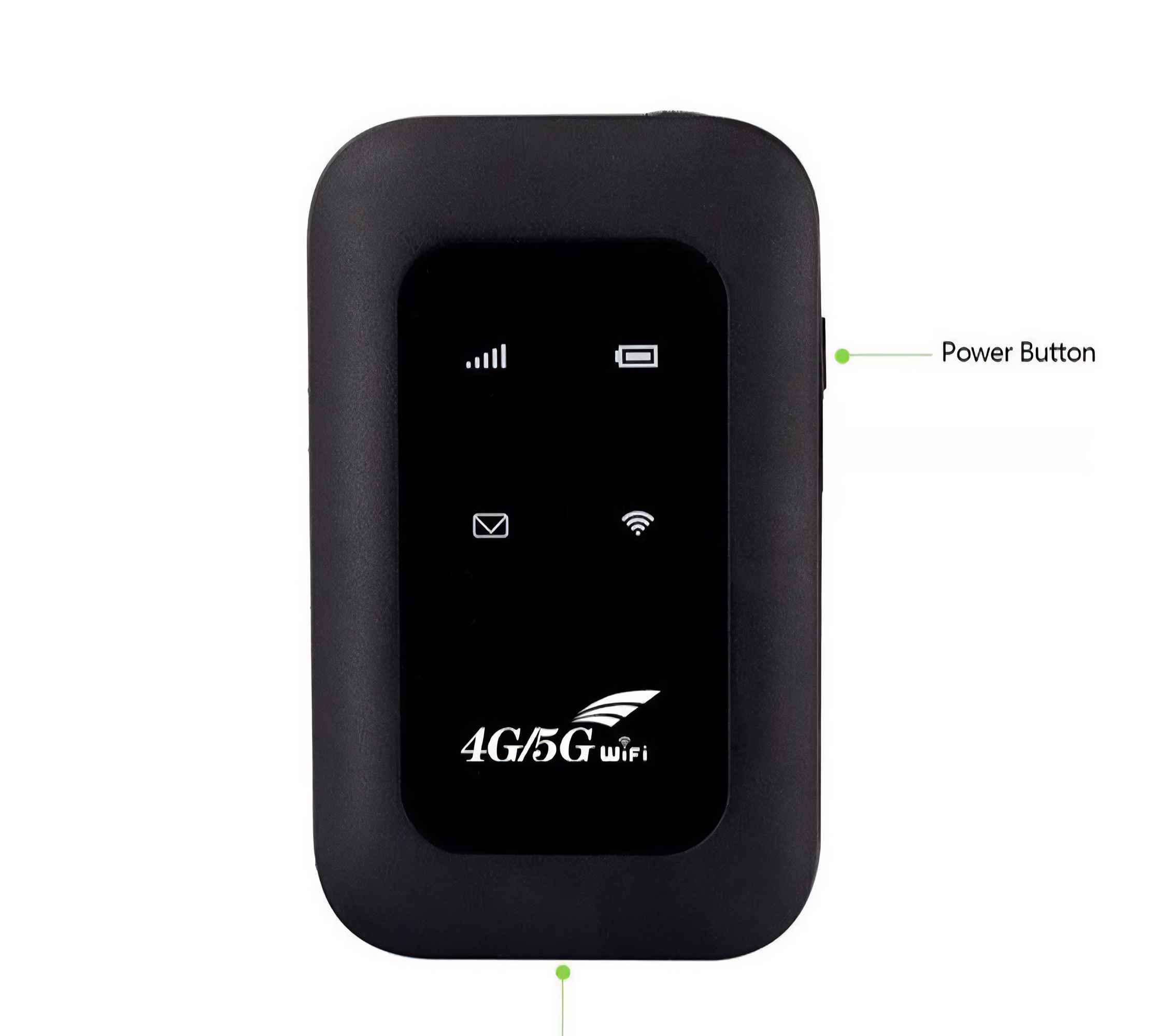 Schwarzer 4G/5G-WLAN-Router mit Symbolen, Ein-/Aus-Taste an der Seite. Weißer Hintergrund.