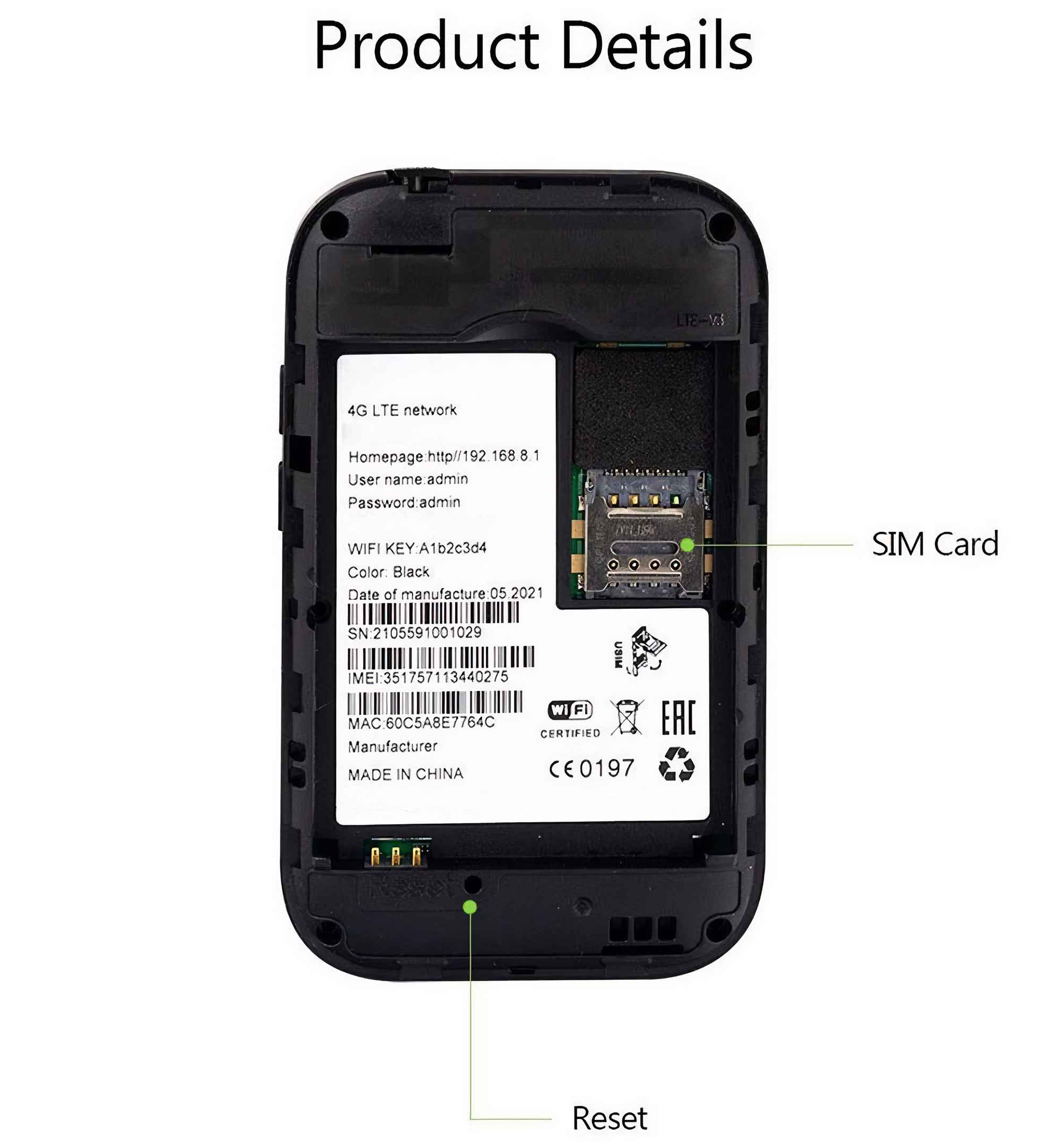 Schwarzes Gerät mit Details, SIM-Kartensteckplatz und Reset-Taste. Text enthält Netzwerkinfos, WLAN-Schlüssel und Herstellungsdetails.