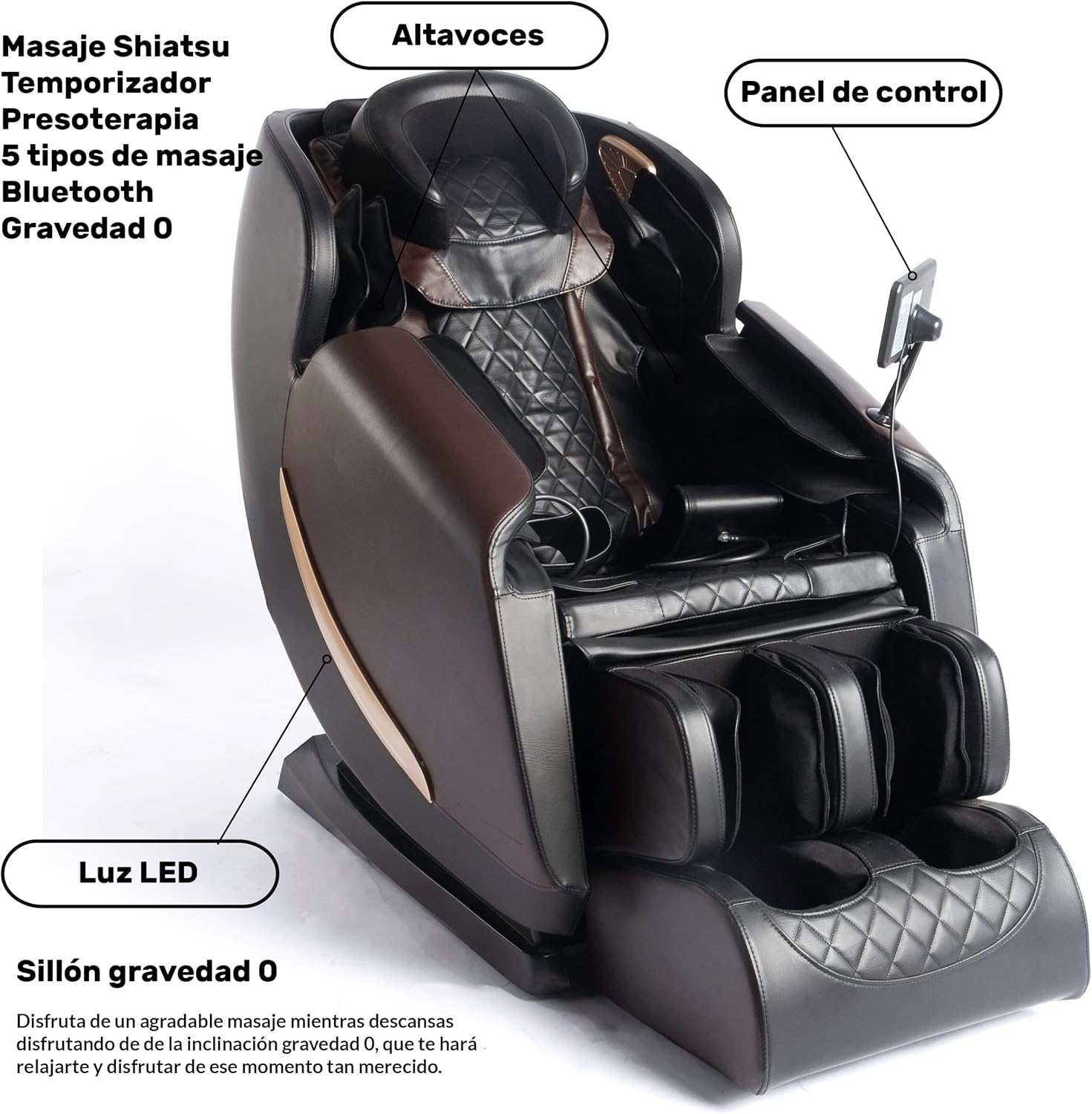 Un sillón de masaje negro y marrón. Tiene un panel de control, altavoces y luces LED. El texto describe características como masaje y gravedad cero.