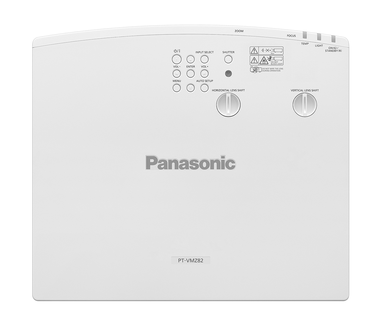 Weißer Panasonic-Projektor mit Steuertasten, Zoom-, Fokus- und Objektivverschiebung. Text: 'PT-VMZ82'.