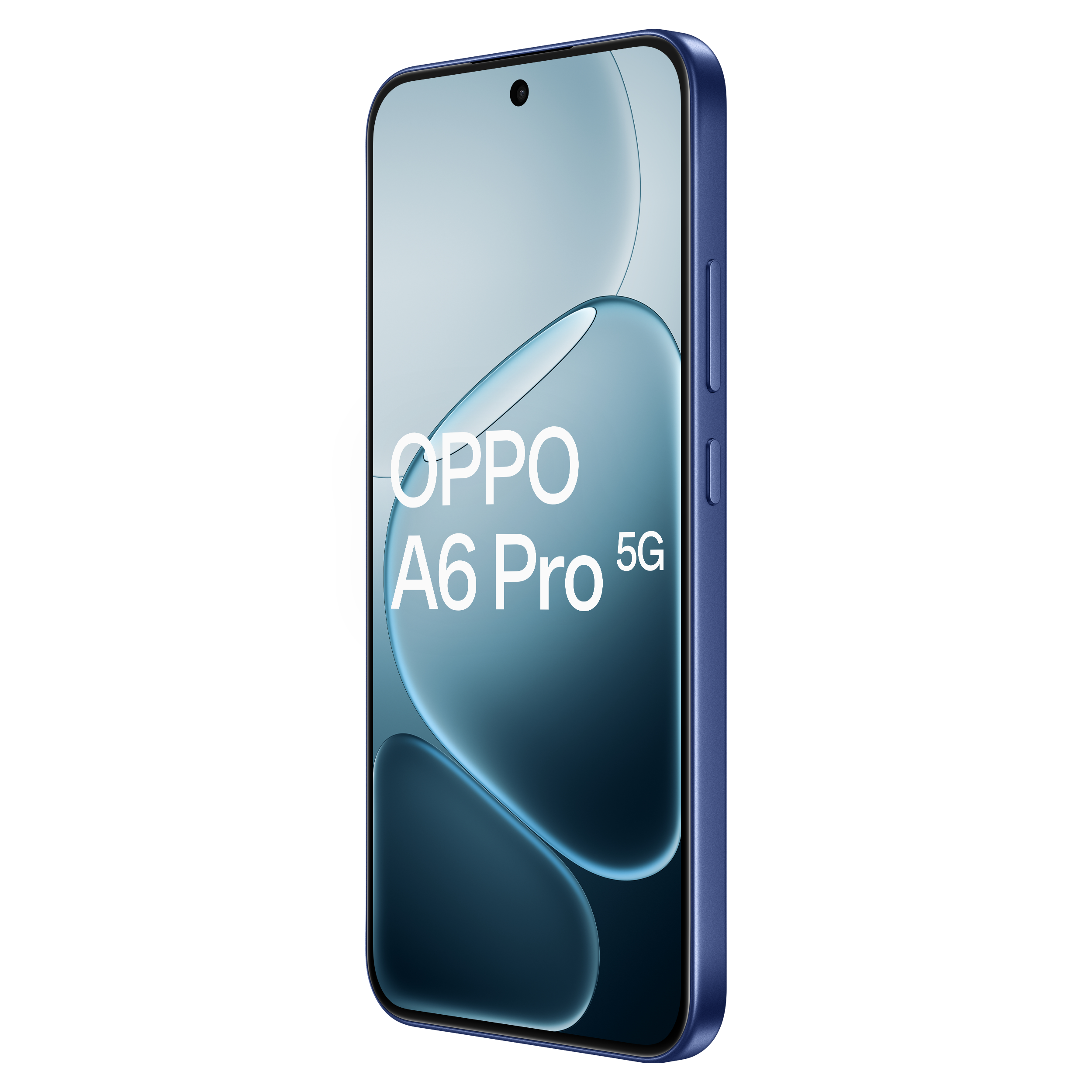 A blue Oppo A6 Pro 5G smartphone. The screen displays an abstract design. The phone is in a blue case.