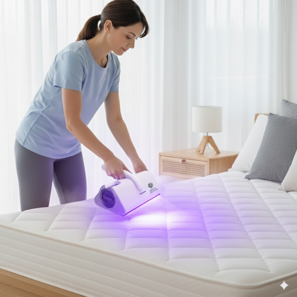 Mujer usando un aparato de limpieza en un colchón blanco. Luz morada. Dormitorio con cama y mesita de noche.