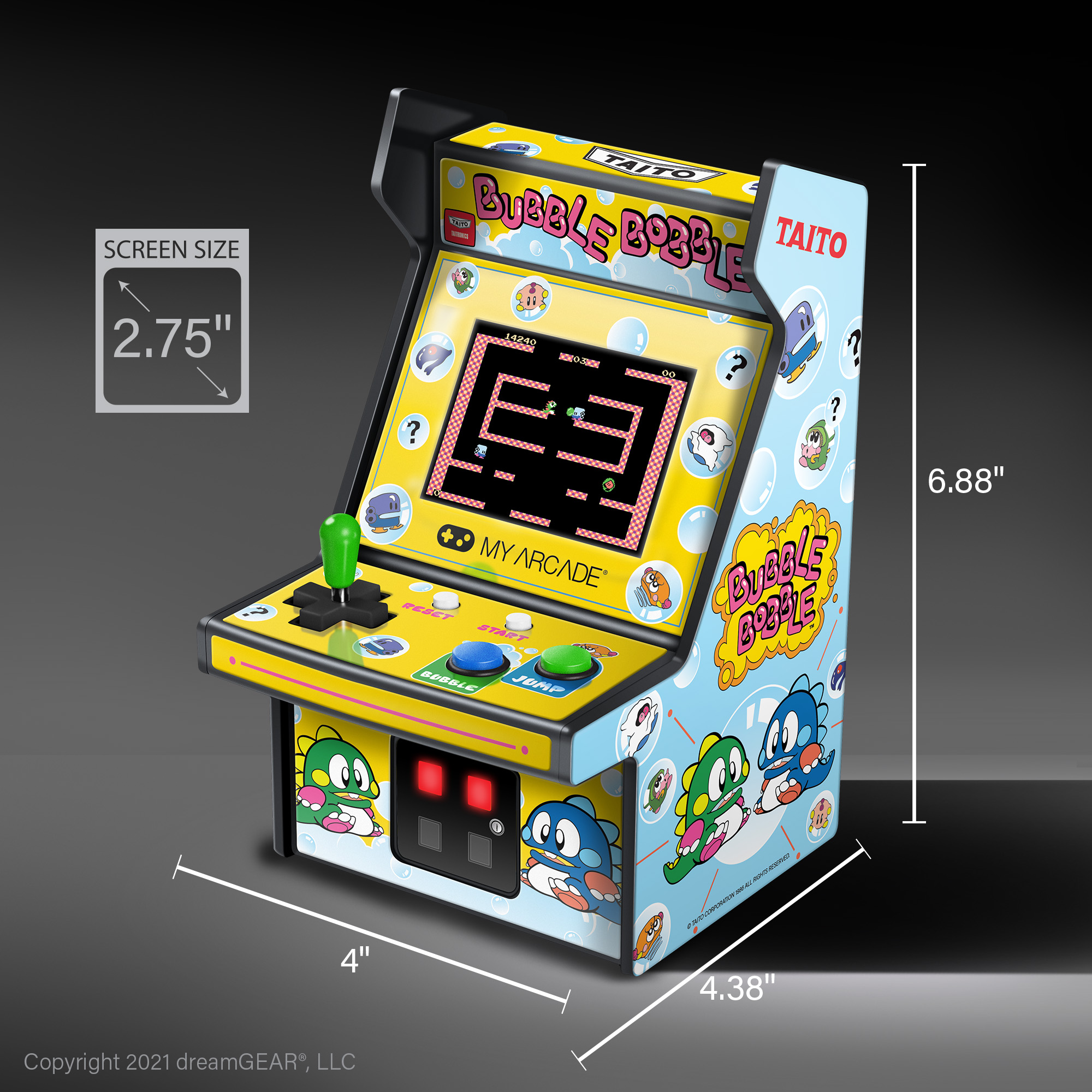 Ein Miniatur-Bubble-Bobble-Arcade-Spiel. Es hat einen Bildschirm, einen Joystick und Knöpfe. Der Schrank ist mit Spielfiguren verziert.
