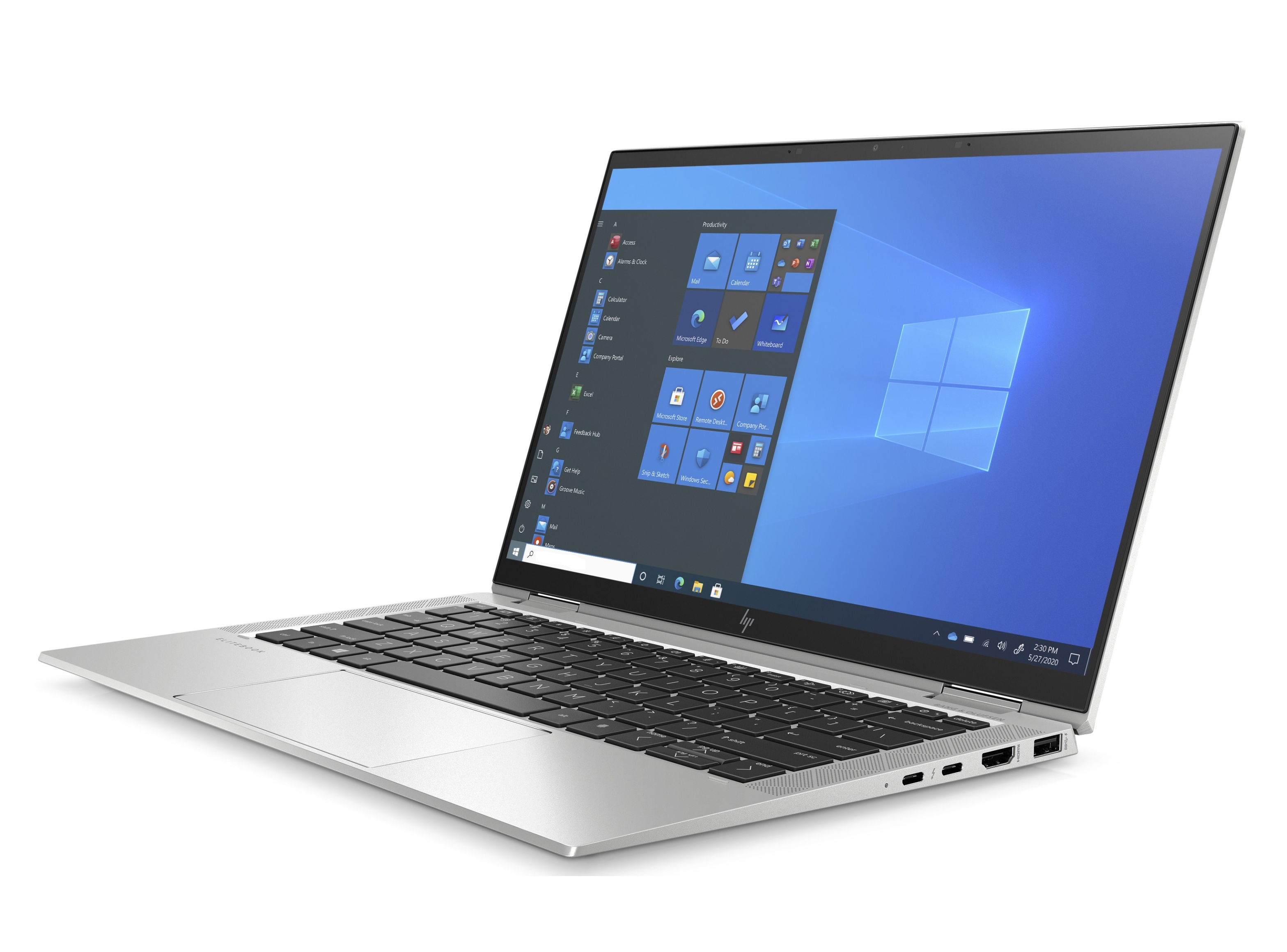 Silberner HP-Laptop, geöffnet, zeigt Windows-Desktop. Tastatur sichtbar. Bildschirm zeigt Symbole. Weißer Hintergrund.