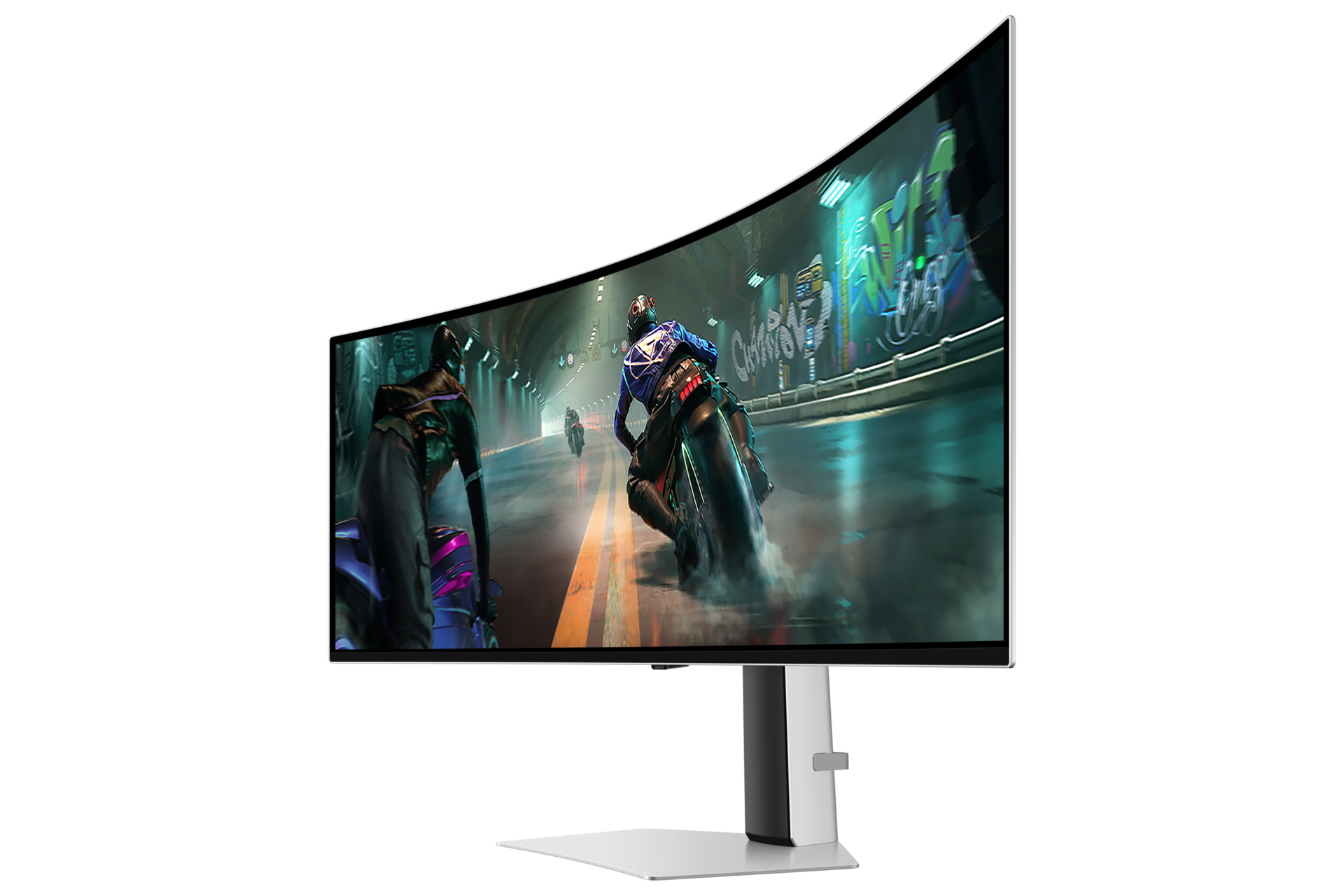 Zakrzywiony monitor wyświetla wyścig motocyklowy w tunelu. Jeźdźcy w strojach mijają graffiti. Monitor jest srebrny i czarny.