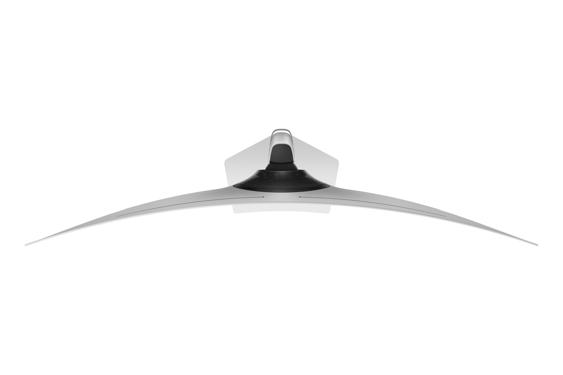 Zakrzywiony, srebrno-czarny monitor na czarnym tle. Monitor ma dwa rozkładane skrzydła i centralny stojak.