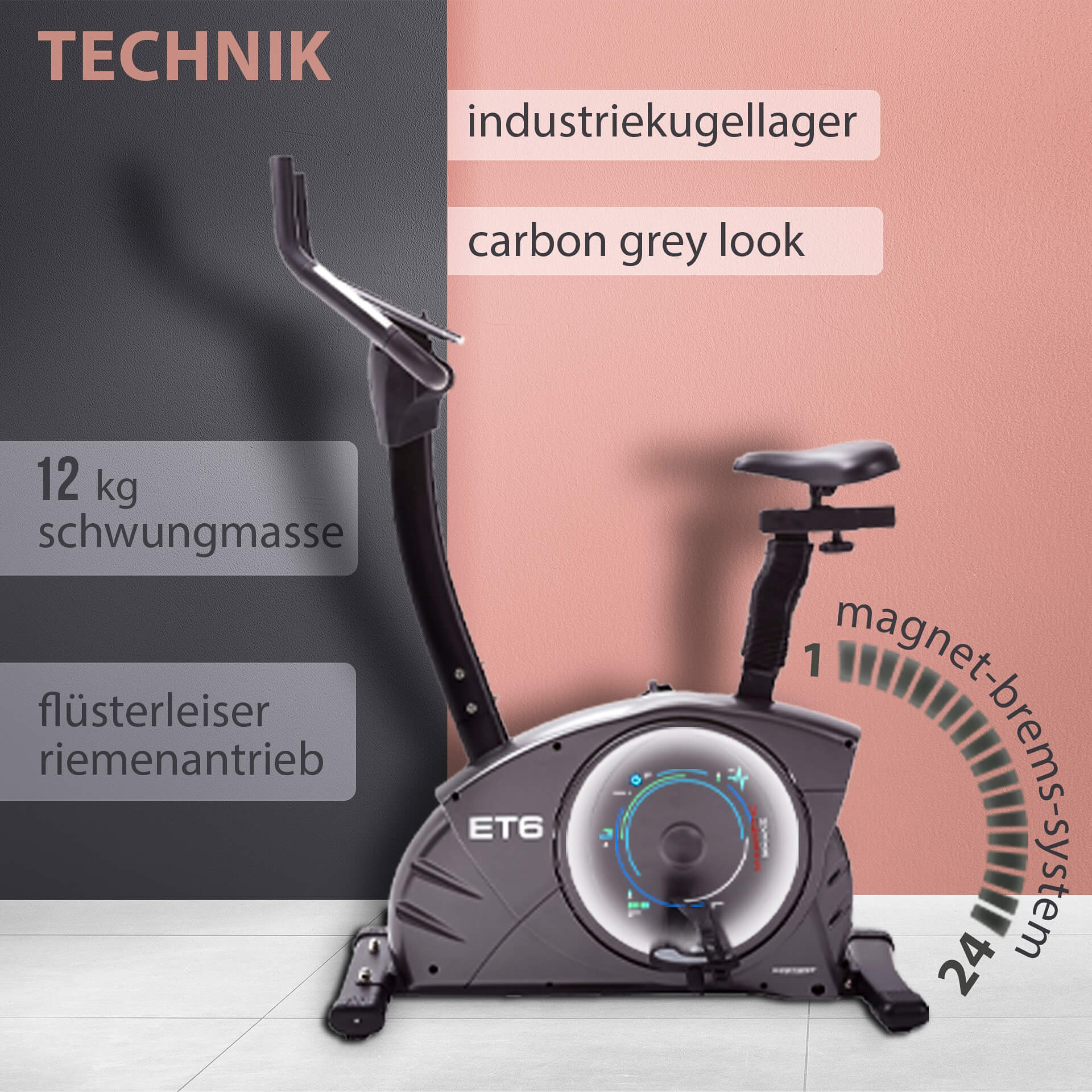 Auf dem Bild ist ein Heimtrainer zu sehen. Er hat einen schwarzen Rahmen, einen Sitz und mehrere Etiketten mit Infos.