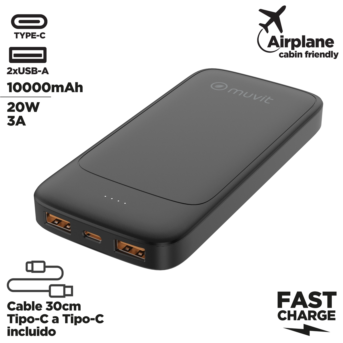 Power bank nero con porte USB e specifiche: 10000mAh, 20W, 3A. Include un cavo e un'etichetta adatta all'aereo.