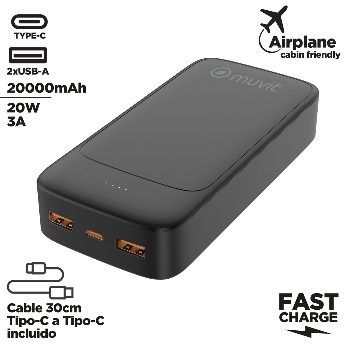 Batería externa negra con puertos USB y Tipo-C, apta para avión, 20000mAh y carga rápida. Incluye cable Tipo-C de 30cm.