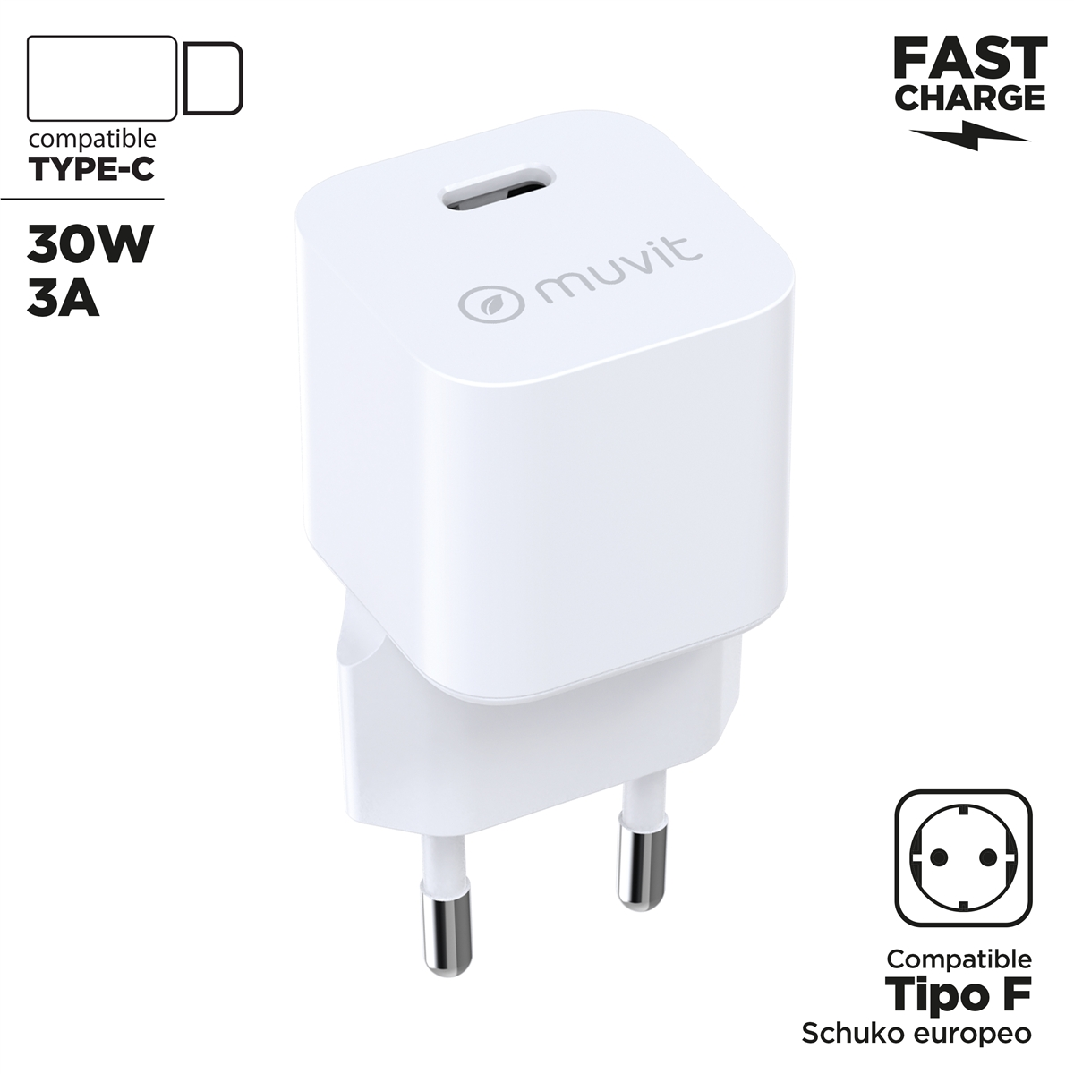 Cargador rápido Muvit blanco con puerto Tipo-C y enchufe Schuko. Texto: 30W 3A, Carga rápida, Compatible Tipo F Schuko europeo.