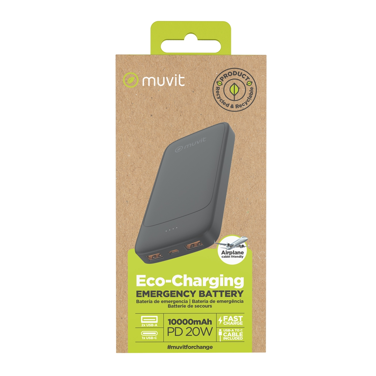 Una scatola grigia di batteria di emergenza Muvit Eco-Charging. Presenta porte USB, 10000mAh e adatta per cabina aerea.
