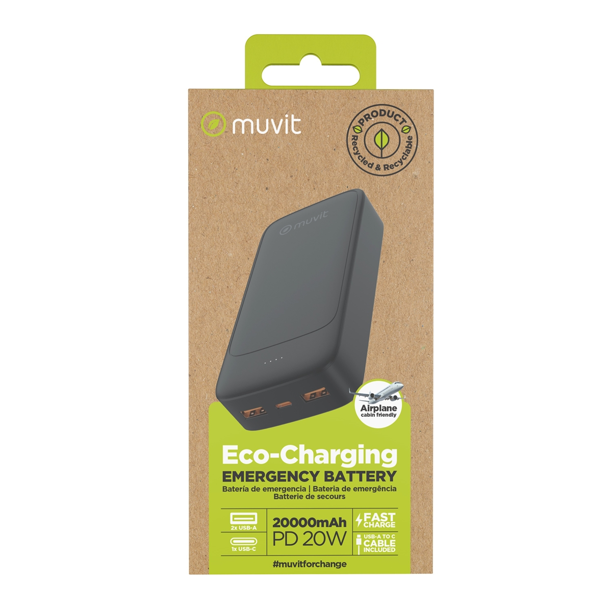 Una batería de emergencia Muvit Eco-Charging gris se muestra en una caja de cartón. Incluye 2 USB-A, 1 USB-C y 20000mAh.