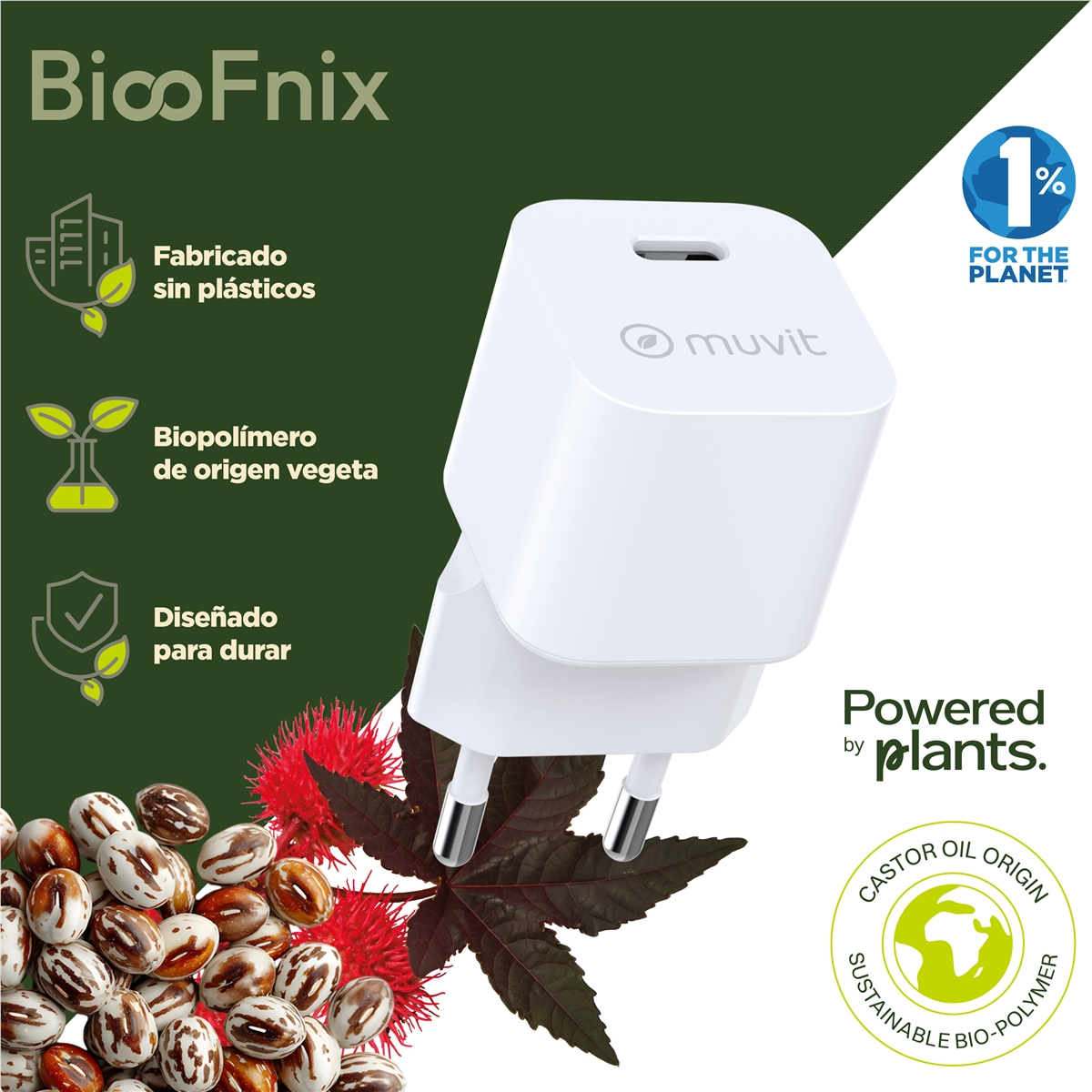 Cargador blanco Muvit con afirmaciones de energía vegetal, origen aceite de ricino. Semillas y una hoja en primer plano. Fondo verde y blanco.