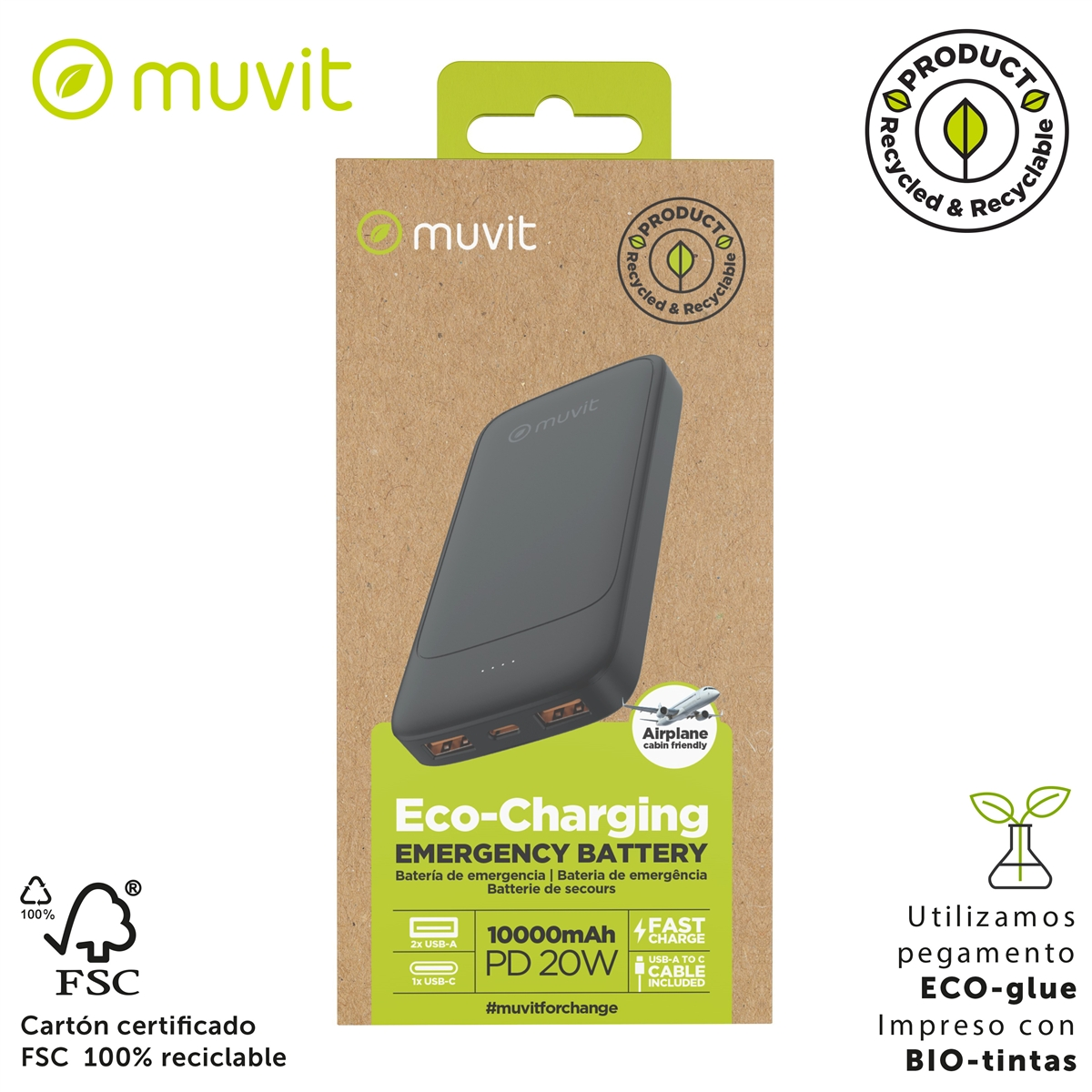 Un power bank muvit in una scatola di cartone. Il testo recita 'Eco-Charging EMERGENCY BATTERY'. Ha porte USB ed è da 10000mAh.