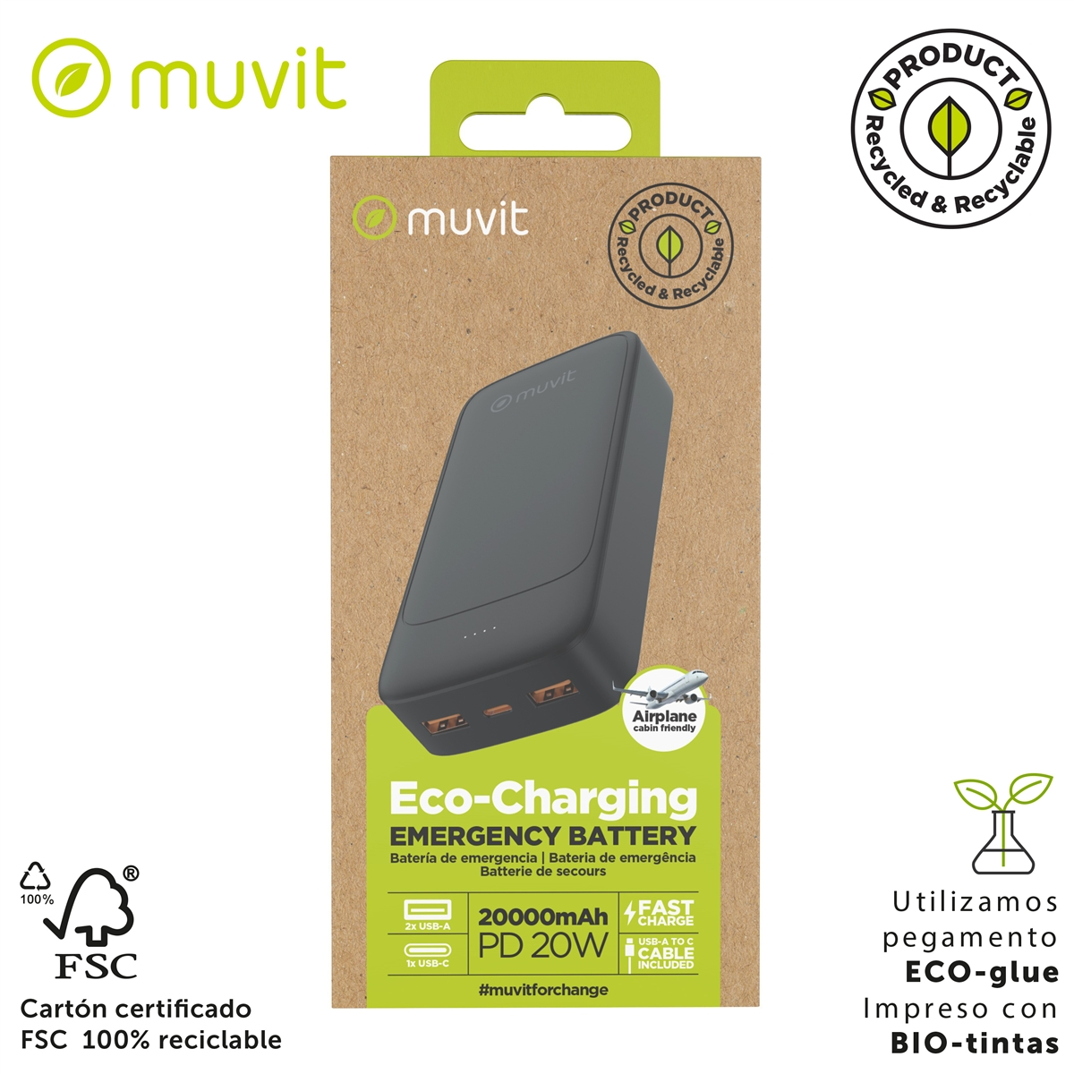 Una caja de batería de emergencia Muvit Eco-Charging. La caja muestra el producto, especificaciones y etiquetas que indican que es reciclado y ecológico.