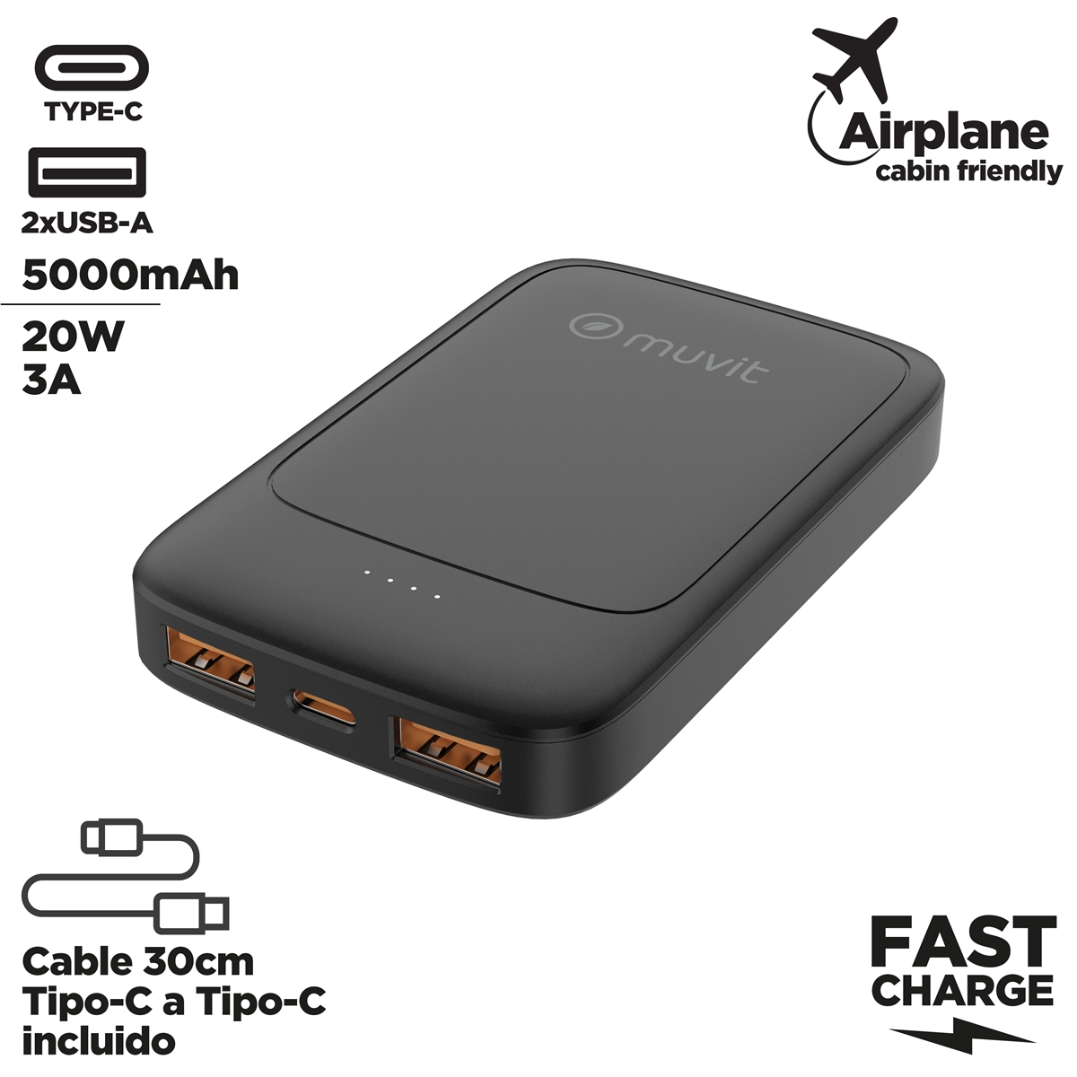 Un power bank negro con USB-C y dos puertos USB-A. El texto incluye '5000mAh', 'Carga rápida' y 'Apto para cabina de avión'.