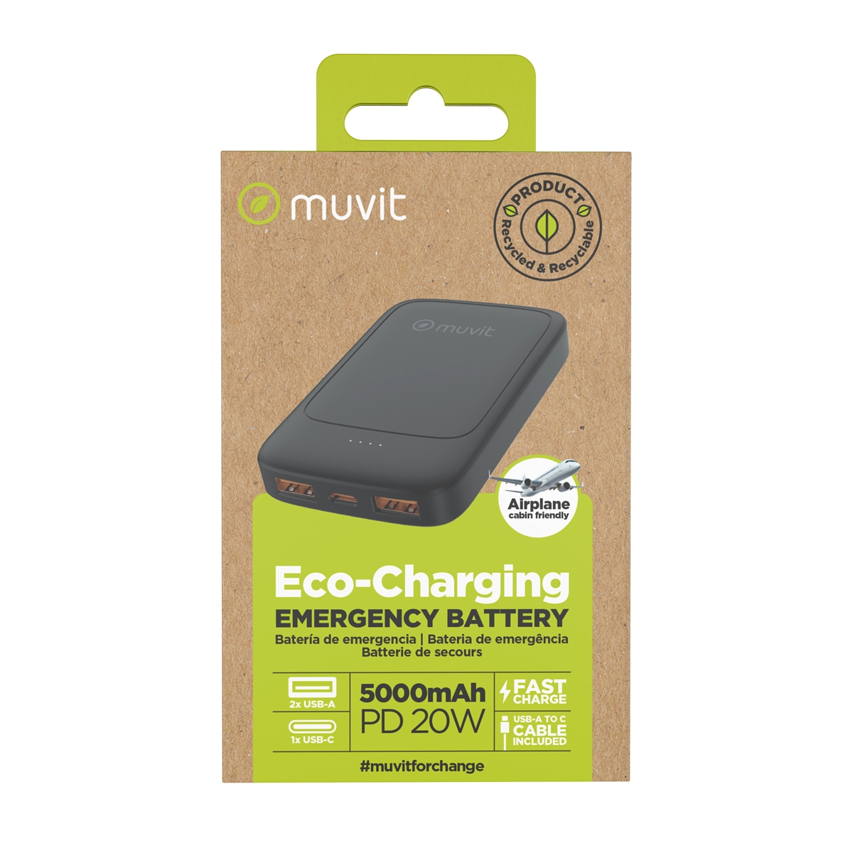 Un paquete de batería de emergencia Muvit negro en su caja. Detalles incluyen puertos USB, capacidad y carga rápida. Apto para avión.