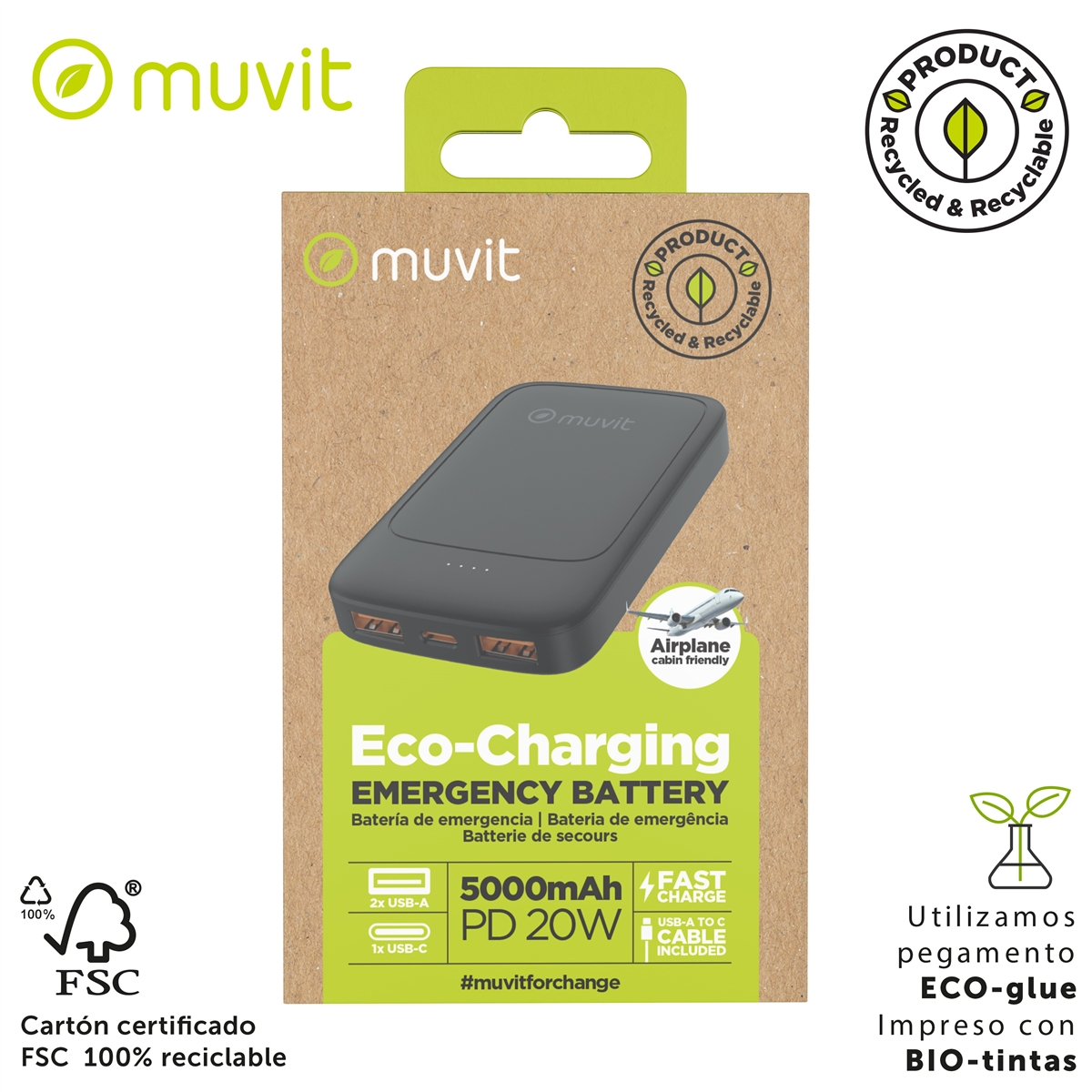Se muestra una caja de batería de emergencia Muvit Eco-Charging. Tiene detalles sobre energía, puertos y materiales ecológicos.