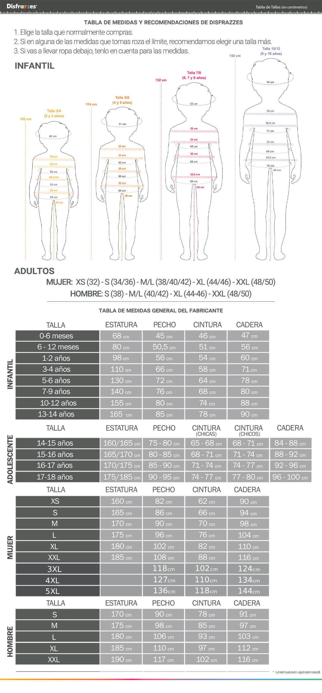 Tabla de tallas con medidas en cm. Incluye tallas infantil, adolescente y adulto.
