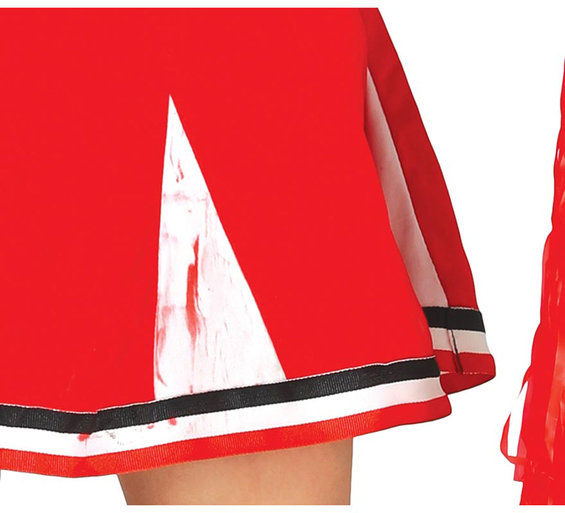 Una falda de animadora roja con rayas blancas y negras. Un pompón rojo a la derecha. Una pierna parcialmente visible.