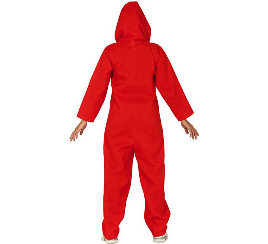 Una persona con un mono rojo con capucha, vista trasera. Brazos extendidos. El mono cubre todo el cuerpo, incluida la cabeza.