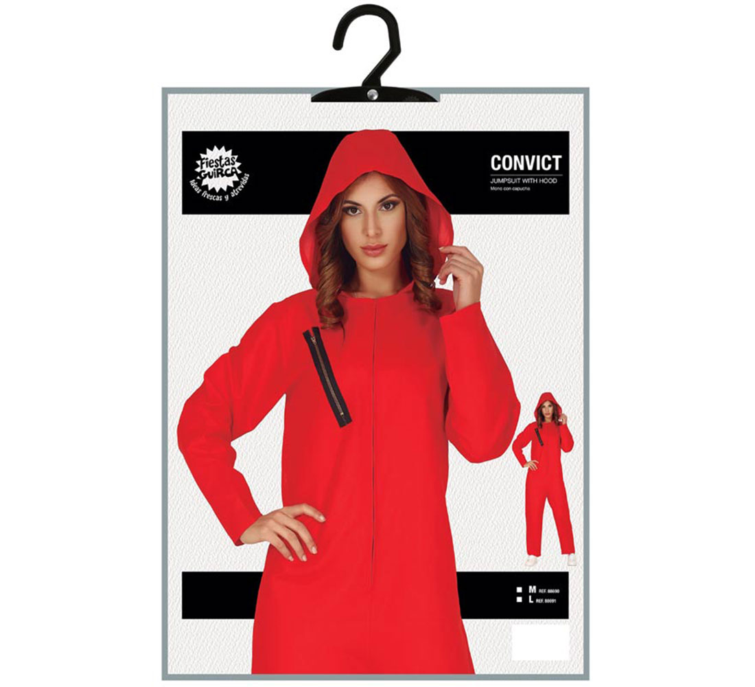 Una mujer con un mono rojo con capucha se muestra en una percha. El embalaje dice 'CONVICT' y 'JUMPSUIT WITH HOOD'.
