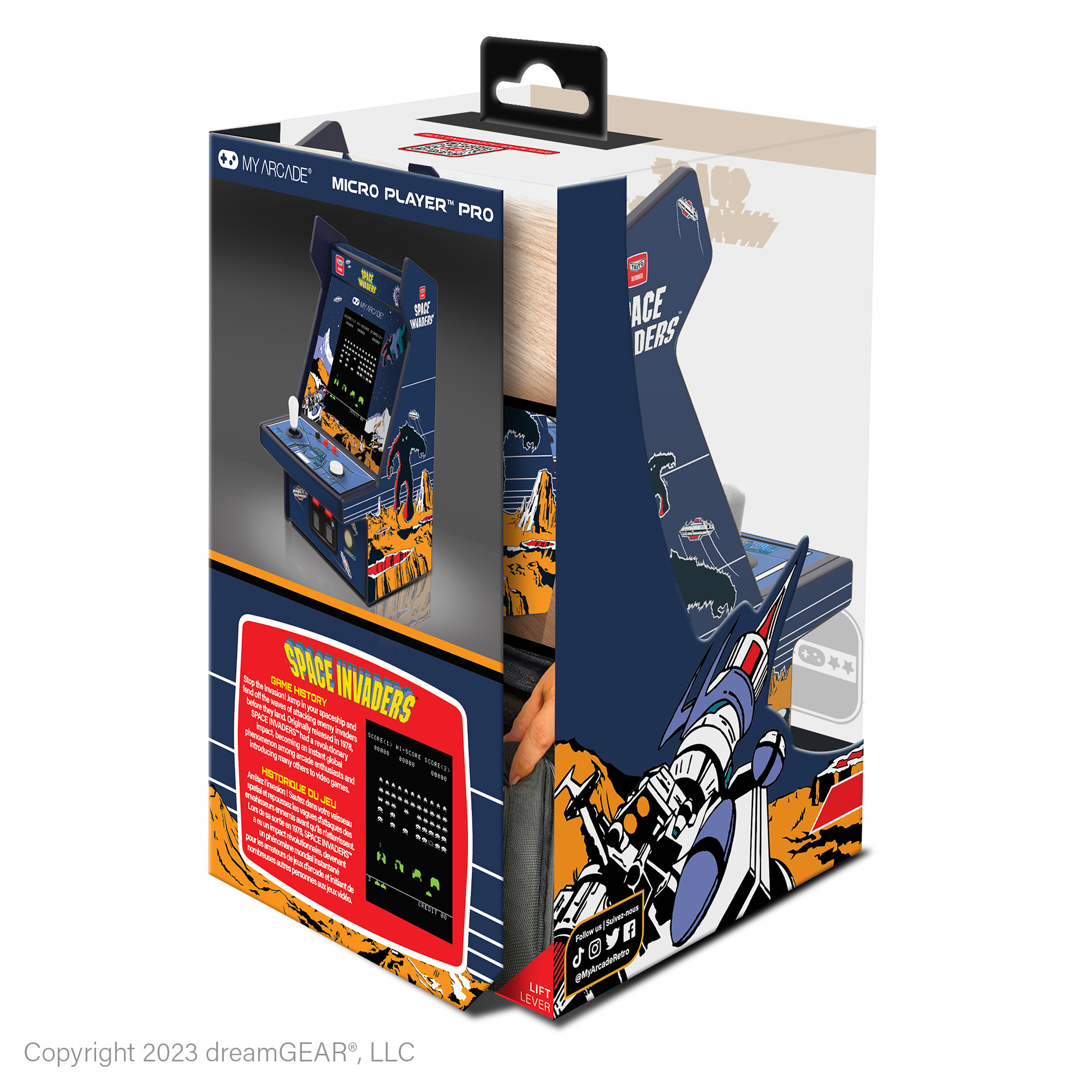 Scatola di un My Arcade Micro Player Pro. Mostra un cabinato arcade di Space Invaders. Il design include il logo e la grafica del gioco.