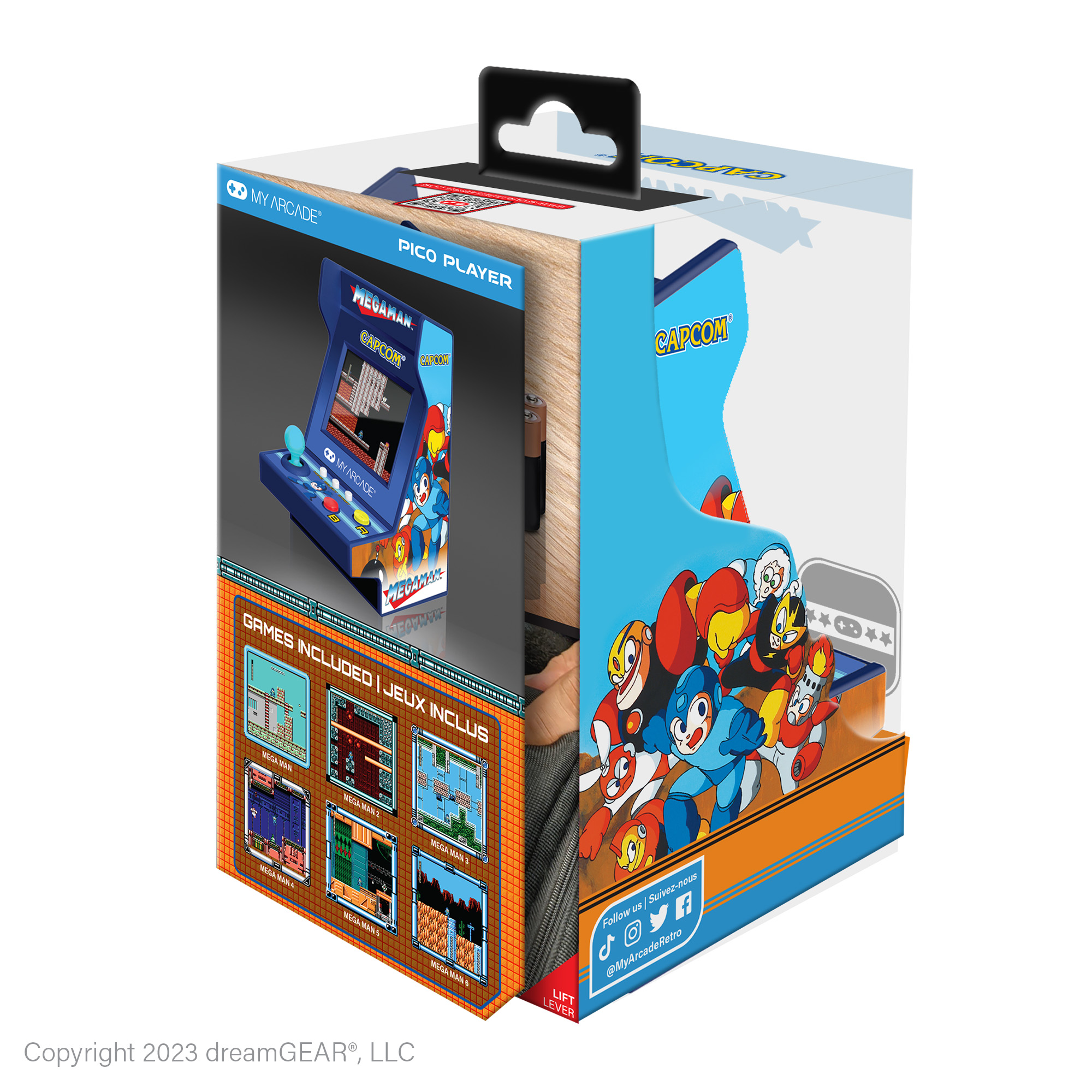 Schachtel mit einem Mega Man Arcade-Spiel, mit der Spielkonsole und den Charakteren. Die Box enthält Screenshots des Spiels.