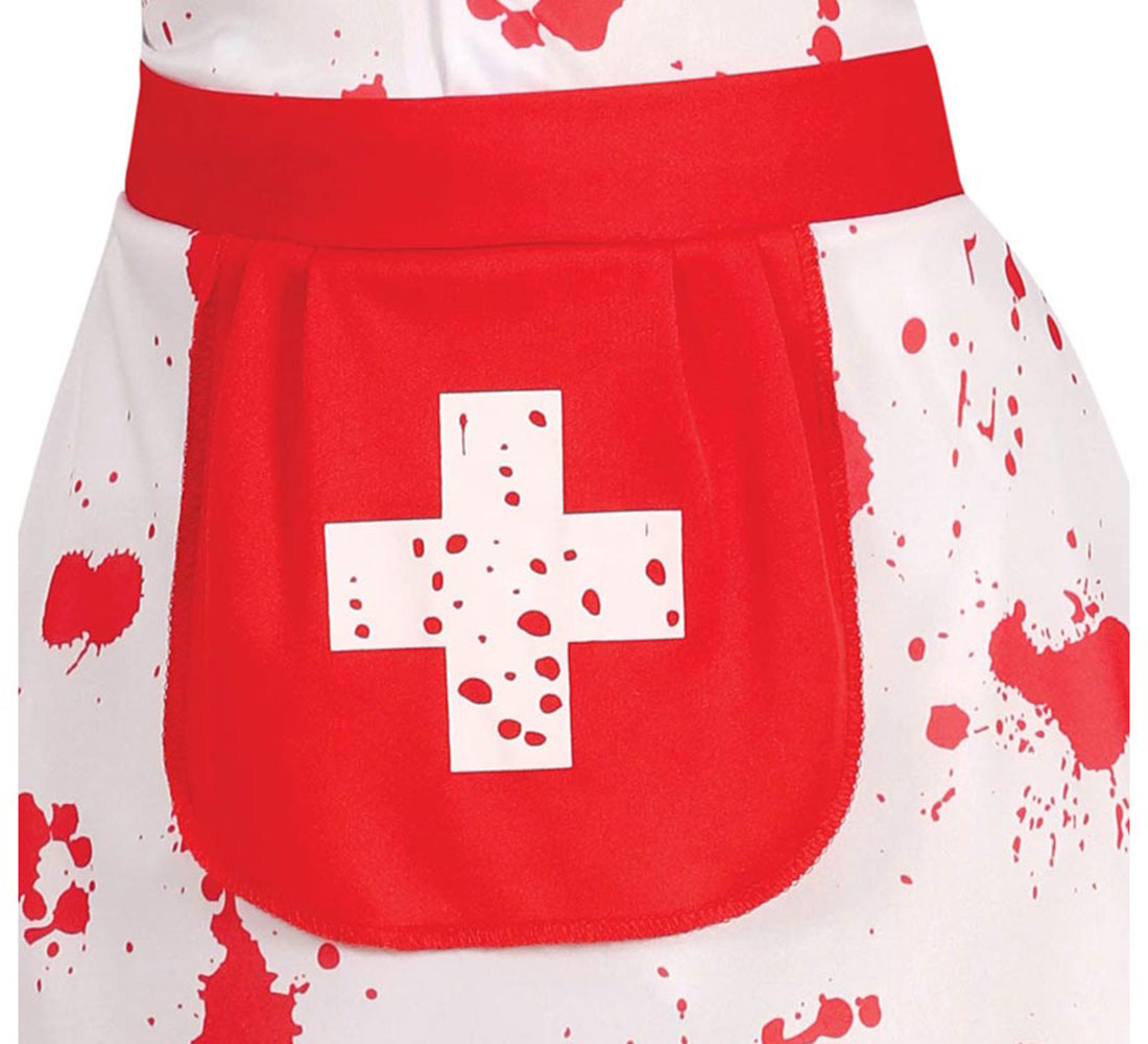Un vestido blanco con salpicaduras rojas. Un delantal rojo con una cruz blanca en el centro. Un cinturón rojo arriba.