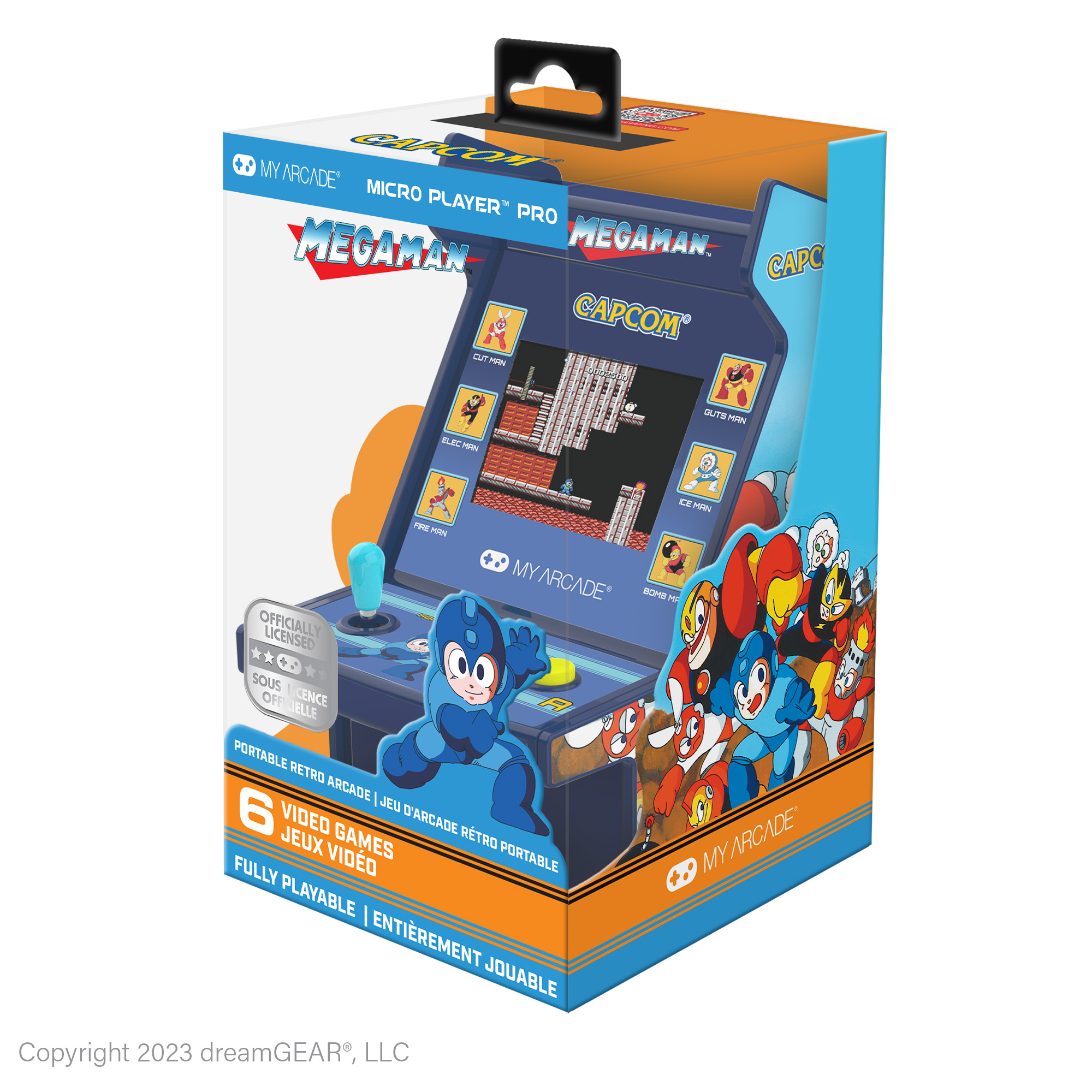 Illustrazione scatola per un cabinato arcade Mega Man Micro Player Pro. Con Mega Man e personaggi.