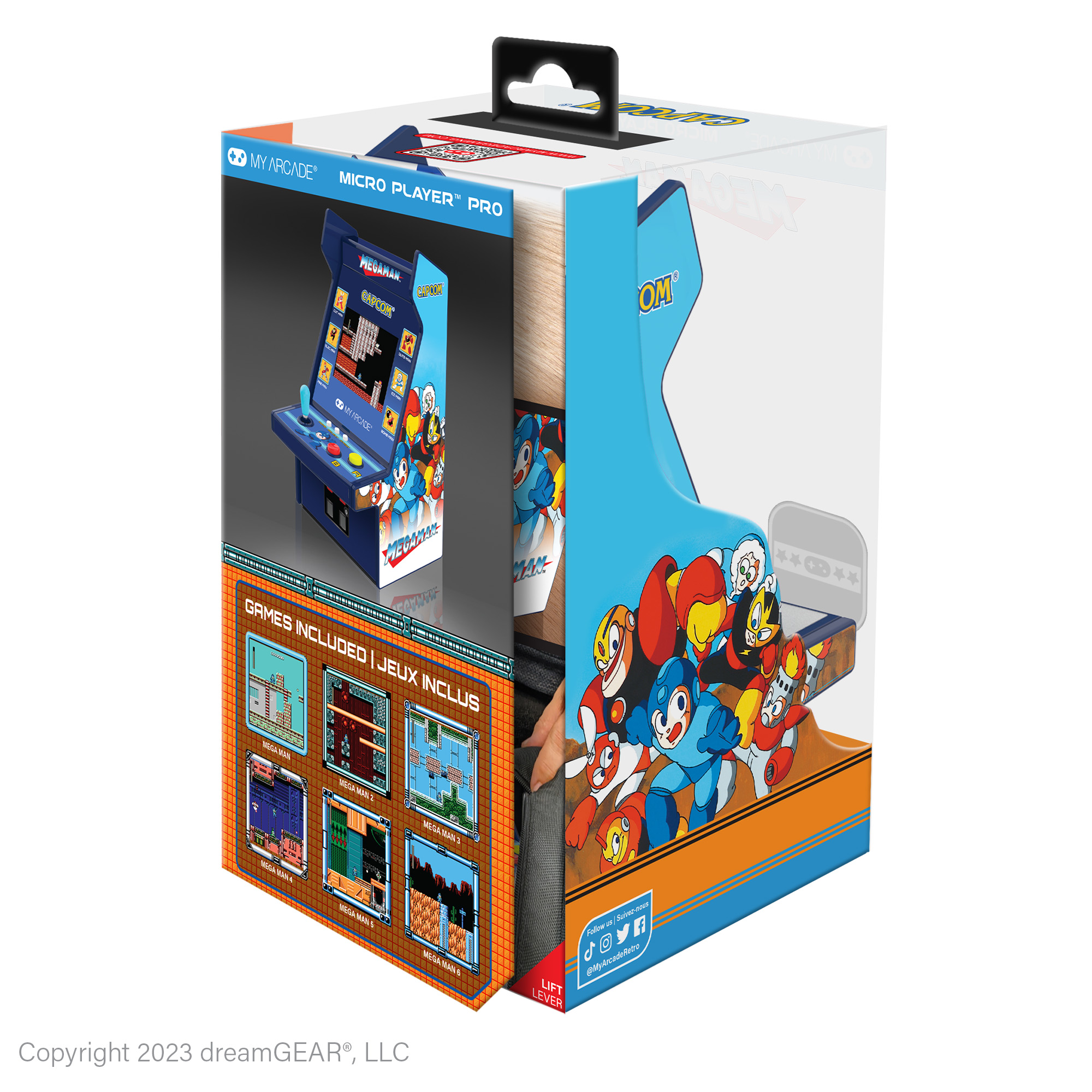 Confezione di una sala giochi Micro Player Pro. Presenta personaggi di Mega Man e schermate di gioco, con una maniglia.
