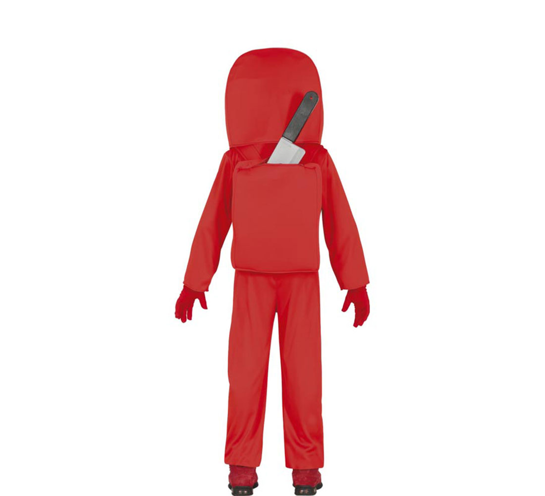 Una persona con un disfraz rojo completo con capucha y un cuchillo en la capucha. El disfraz incluye guantes, pantalones y zapatos.