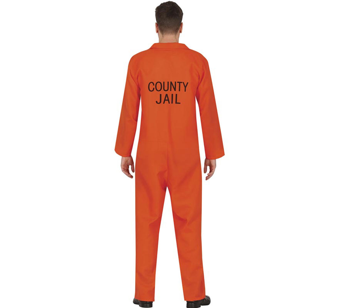 Una persona vestida con un mono naranja, de espaldas a la cámara. El mono dice 'COUNTY JAIL' en la espalda.