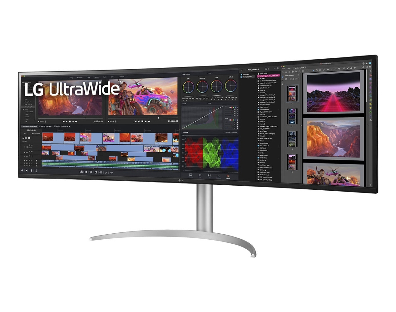 Monitor LG UltraWide z oprogramowaniem do edycji wideo. Ekran wyświetla osie czasu wideo, regulacje kolorów i klipy podglądu. Monitor ma srebrną podstawę.