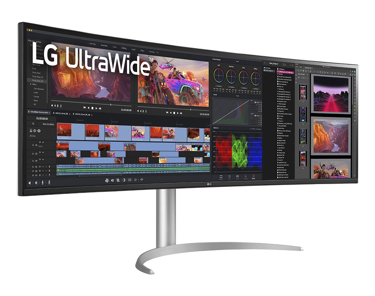 Monitor LG UltraWide wyświetla interfejs edycji wideo. Ekran pokazuje oś czasu, regulacje kolorów i obrazy podglądu.
