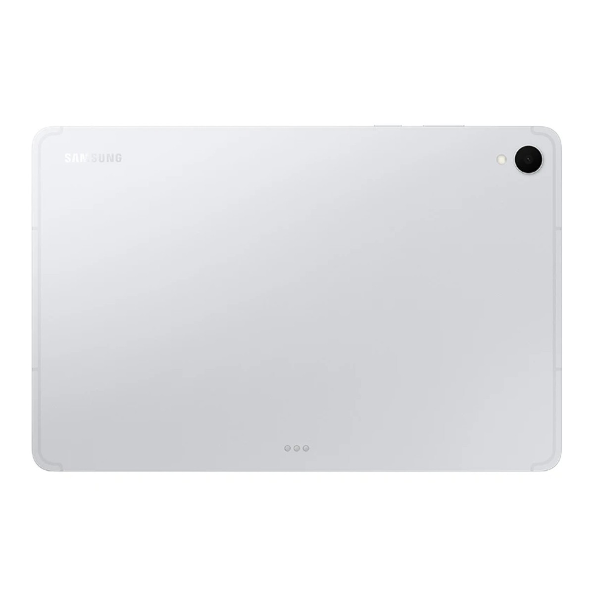 Tył białego tabletu Samsung. Ma aparat i trzy małe kropki. Widoczne jest logo Samsung.