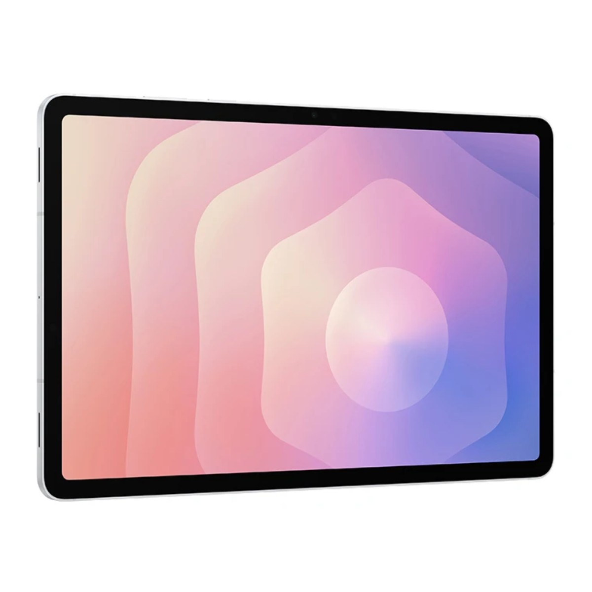 Tablet z kolorowym wyświetlaczem, z abstrakcyjnymi kształtami w kolorze różowym, fioletowym i białym. Tablet ma czarną ramkę i srebrną obudowę.