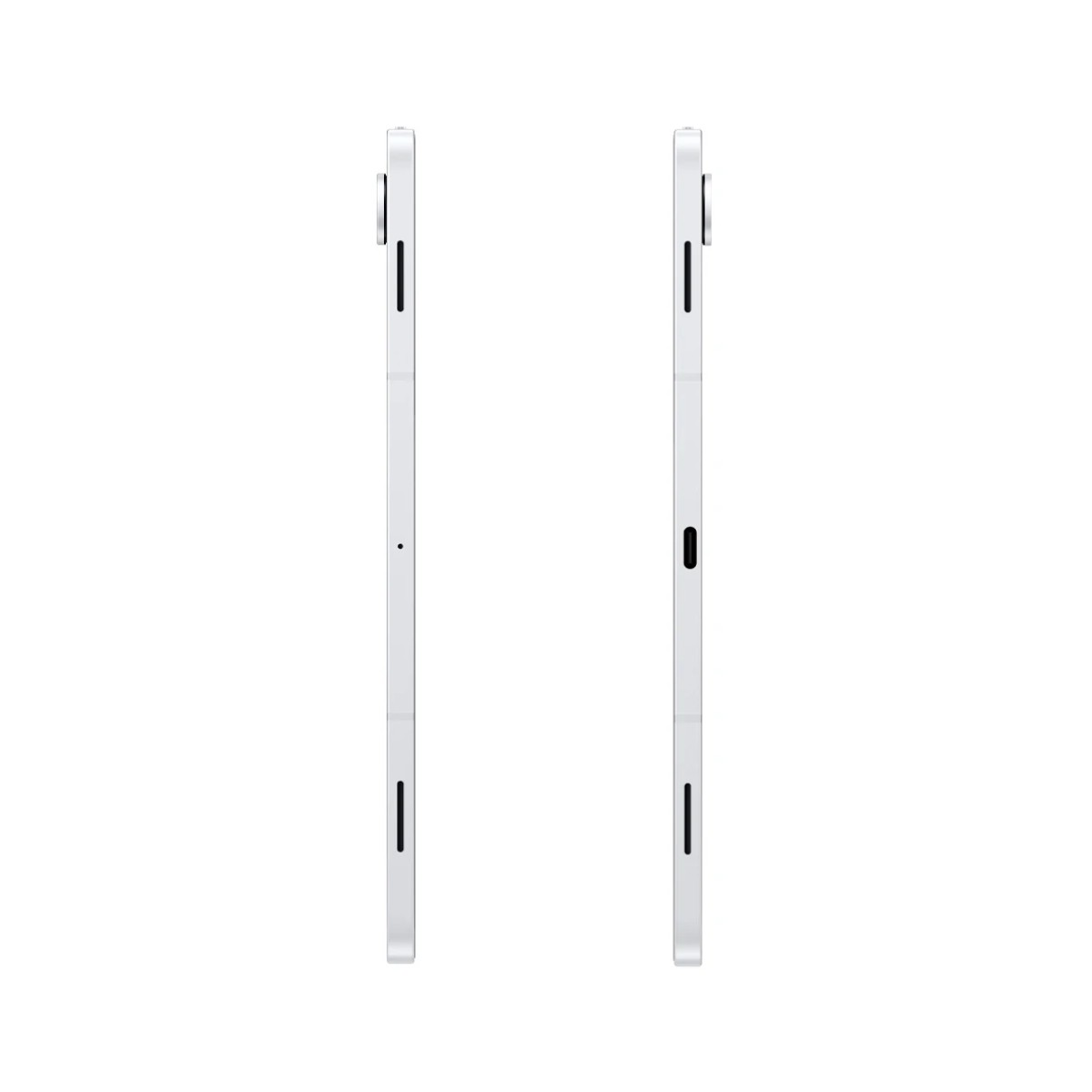 Dwa białe tablety obok siebie, pokazujące profil boczny. Każdy ma aparat, port ładowania i głośnik.