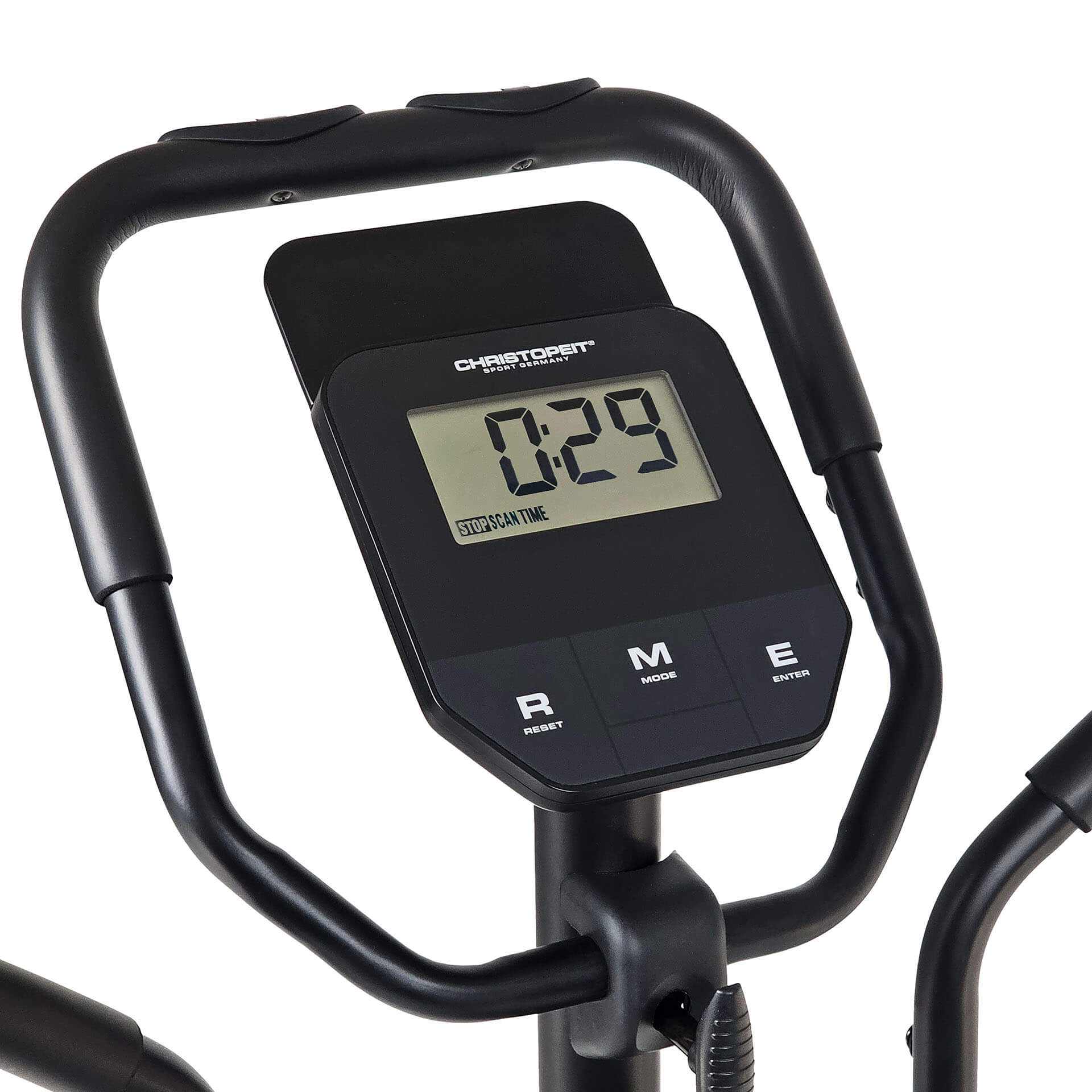 Nahaufnahme des Displays eines Ellipsentrainers. Es zeigt die Zeit: 0:29, Reset- und Modustasten und schwarze Griffe.