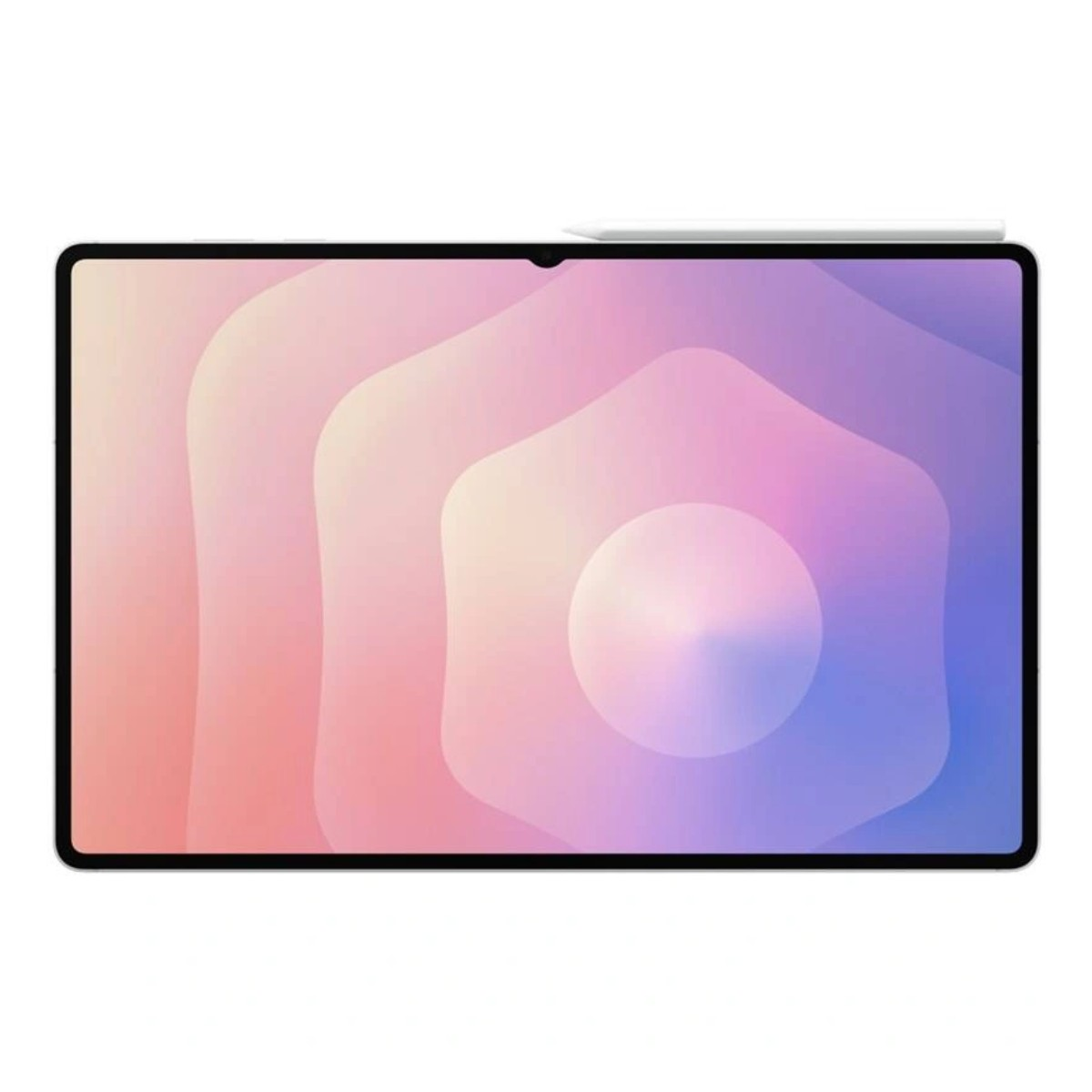 Ein Tablet mit einem bunten, abstrakten Design auf dem Bildschirm. Oben liegt ein Stift. Der Hintergrund ist weiß.