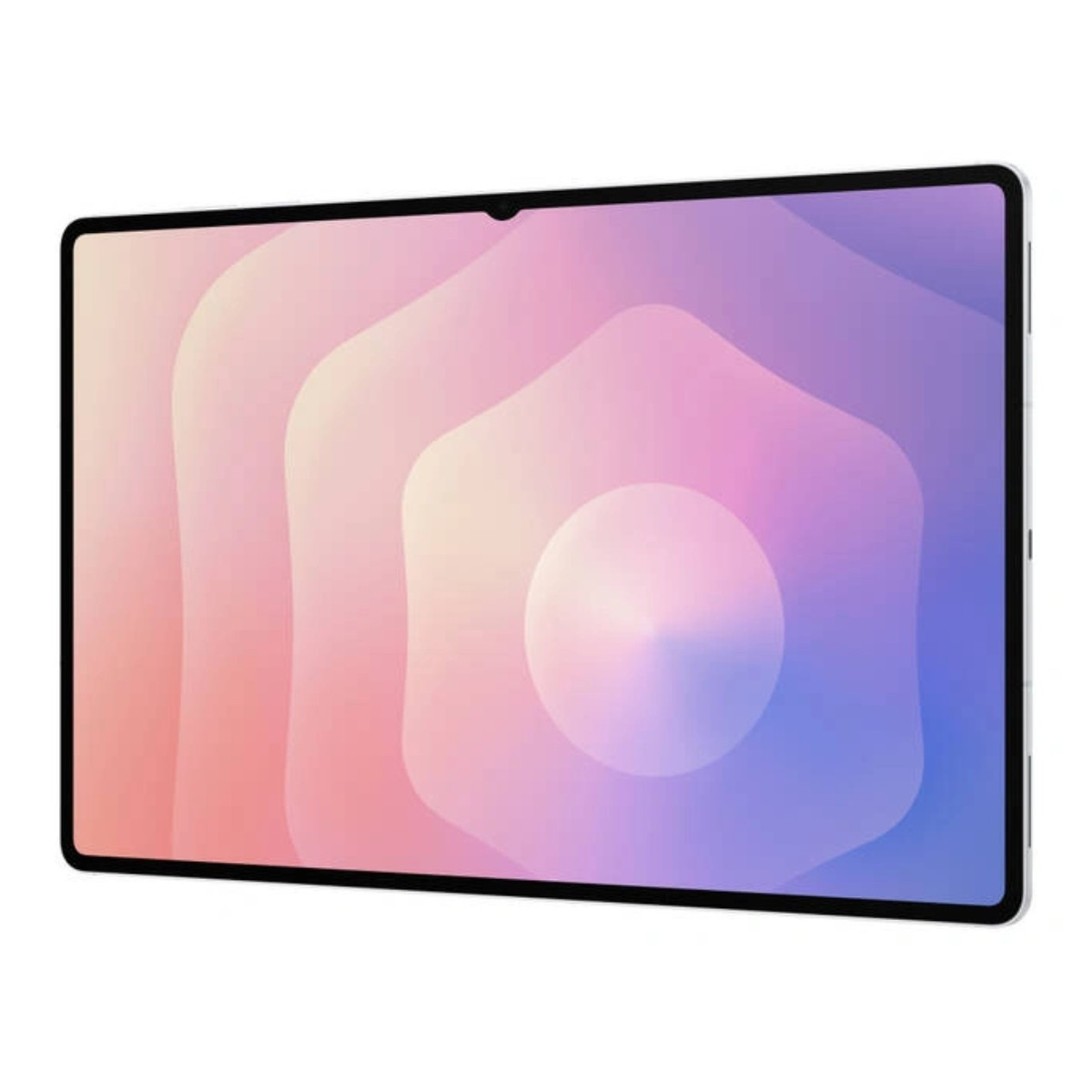 Ein Tablet mit einem Farbverlauf von Rosa, Weiß und Blau. Das Tablet hat einen schwarzen Rahmen und einen silbernen Rahmen.