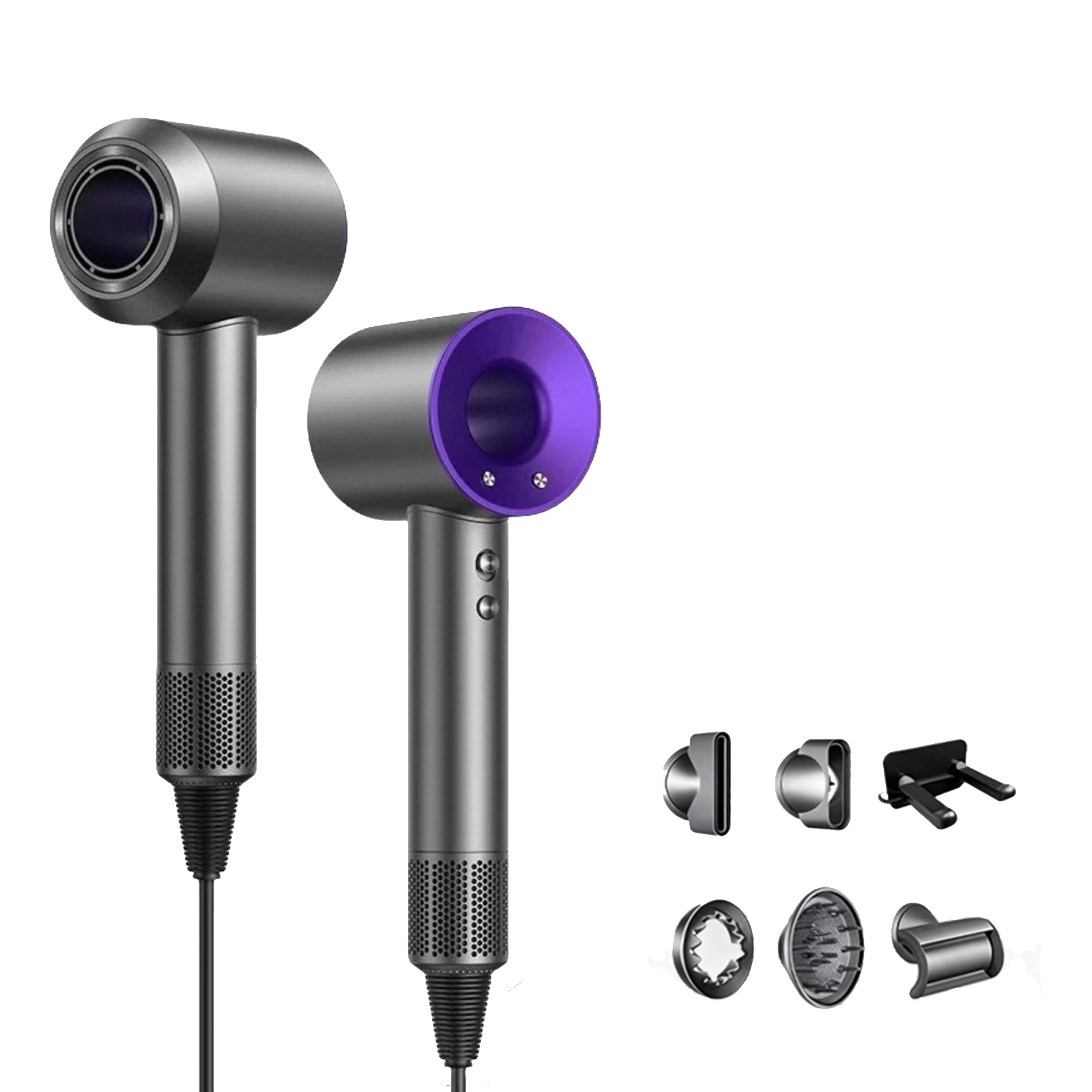 Due asciugacapelli Dyson grigi e viola con accessori su sfondo bianco. Gli asciugacapelli sono uno accanto all'altro.