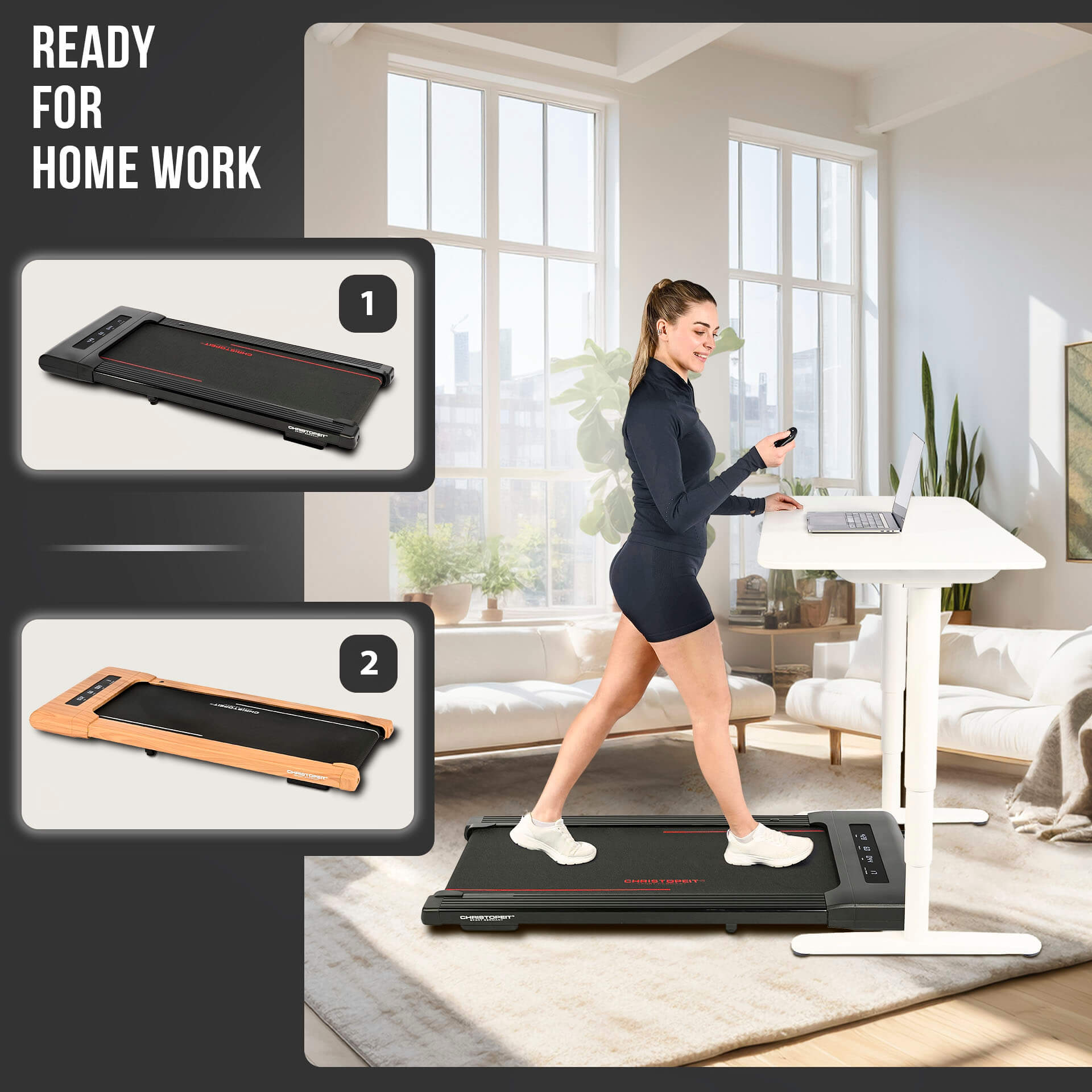 Frau geht auf einem Laufband in einem hellen Raum. Ein Laptop steht auf einem weißen Stehpult. Zwei Laufbandmodelle werden gezeigt.