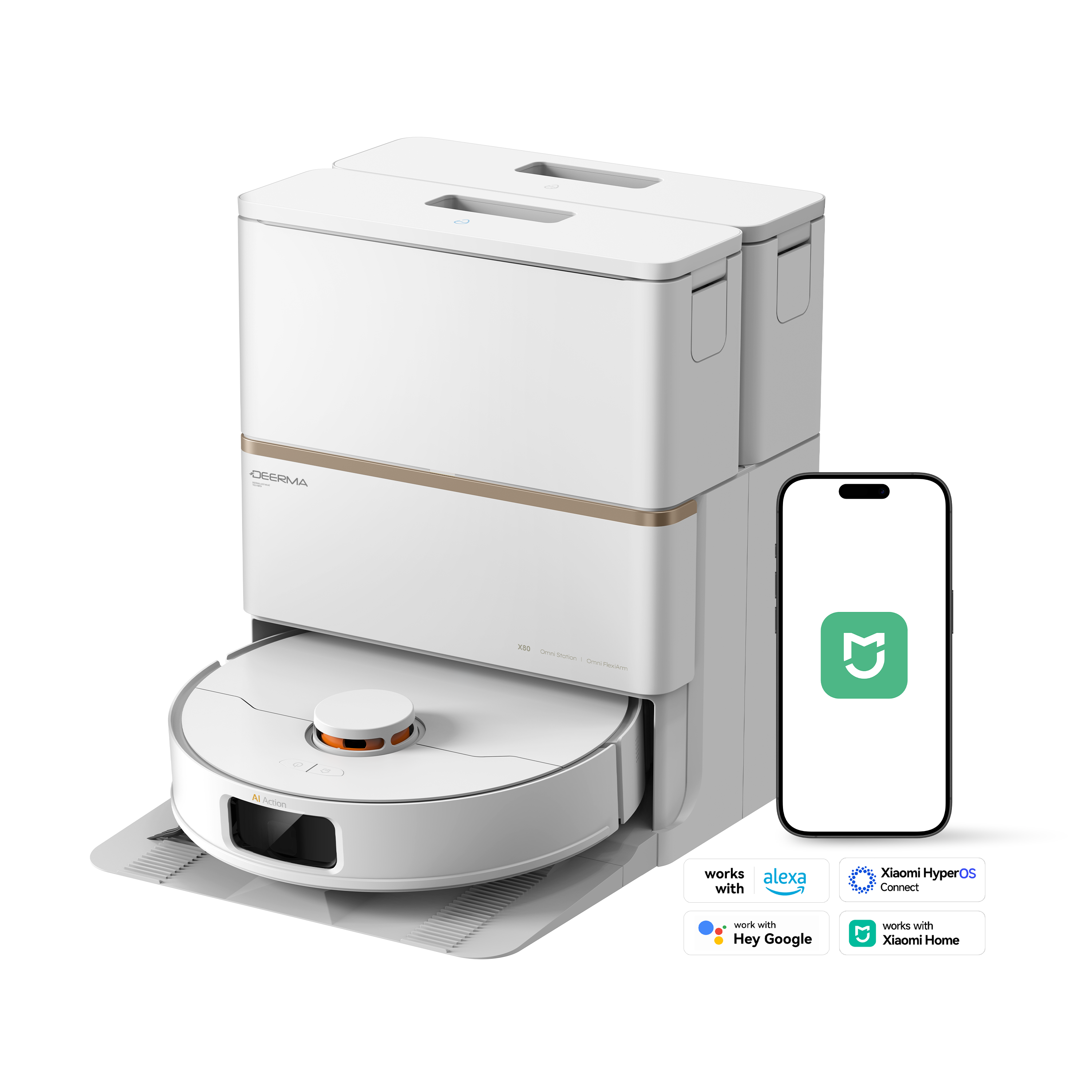Biały odkurzacz robot z stacją ładującą, smartfonem i logo Alexa, Xiaomi i Google.