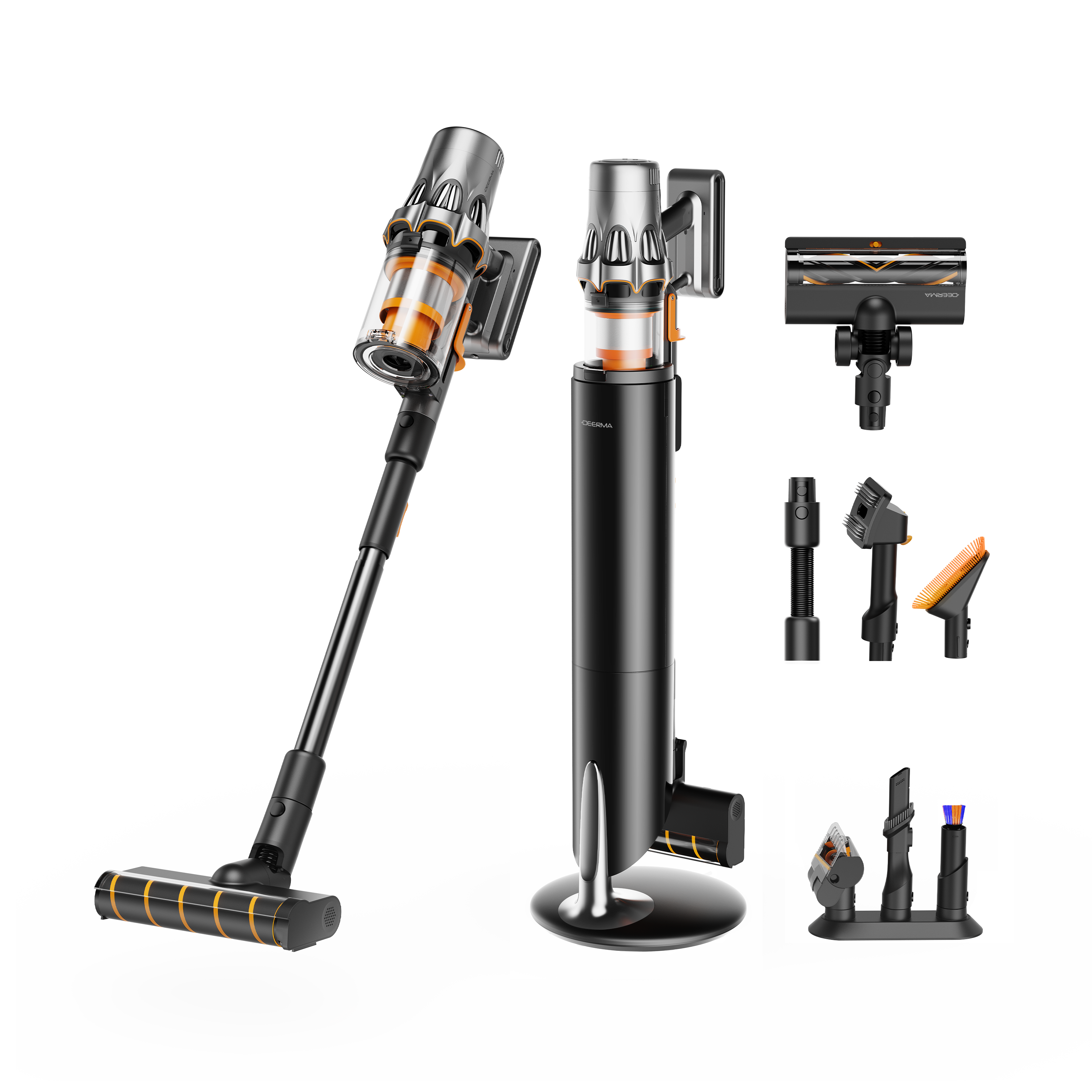 Czarny i srebrny odkurzacz z wieloma nasadkami i stacją ładującą na białym tle.