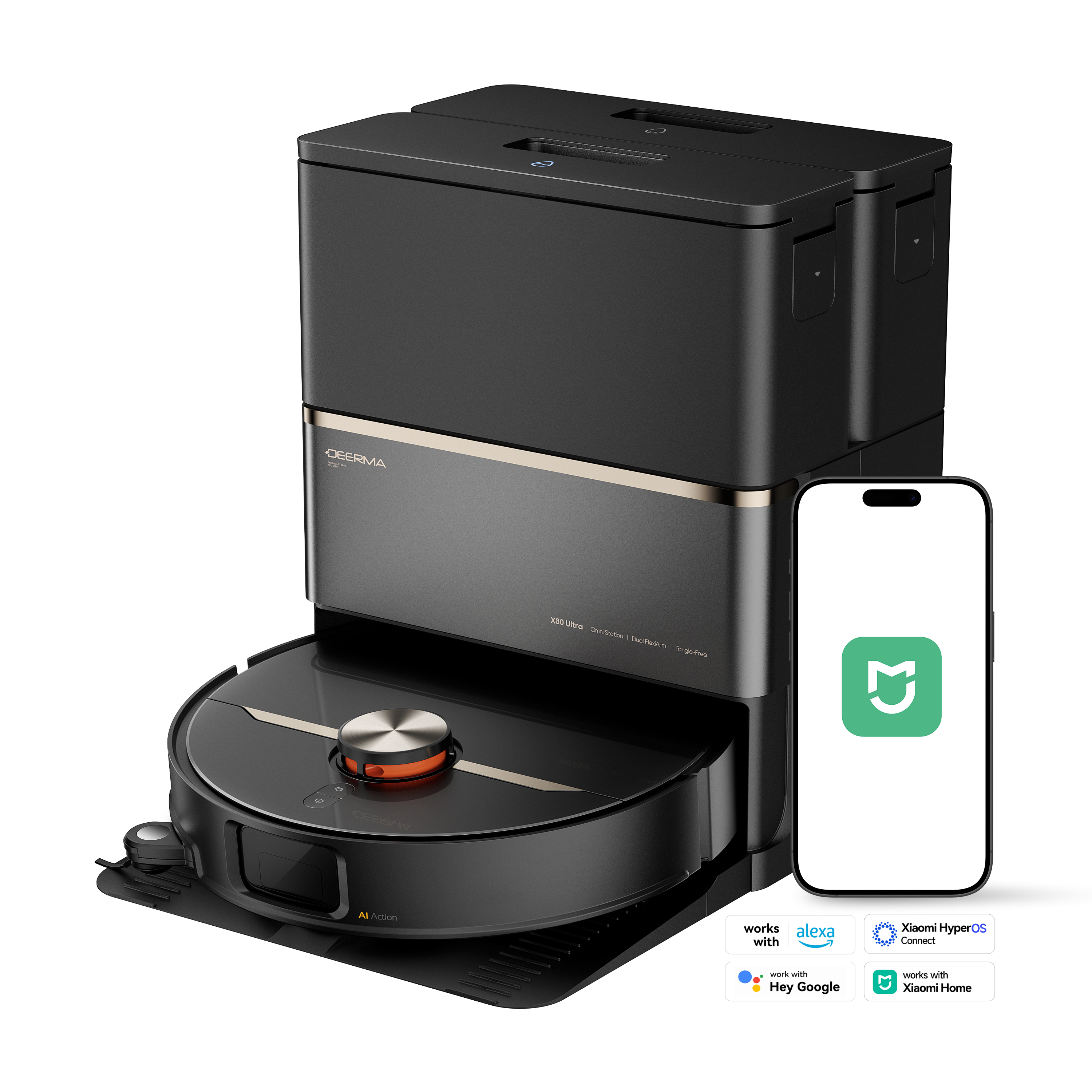 Czarny i złoty odkurzacz robot z podstawą i smartfonem pokazującym aplikację.