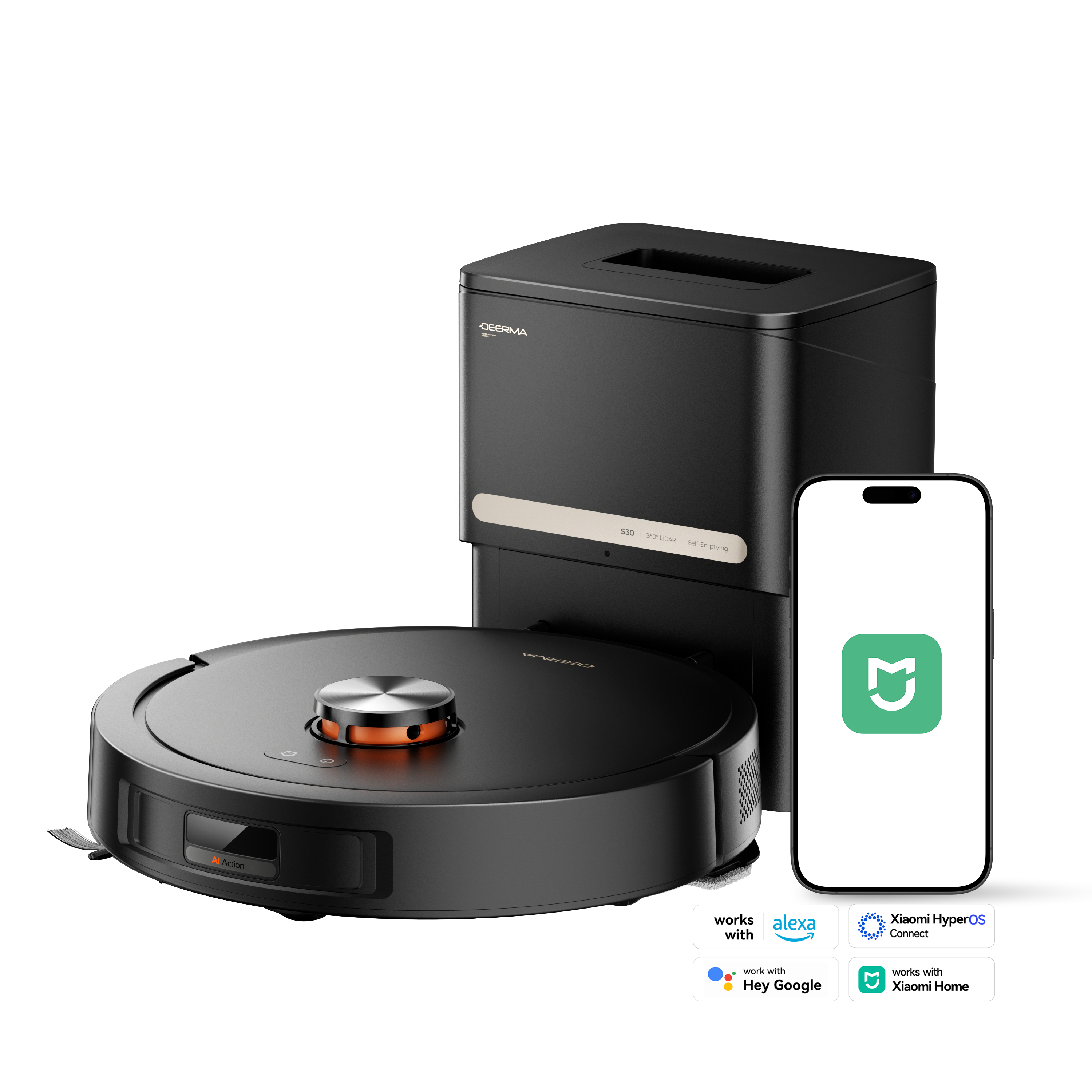 Czarny robot odkurzający ze stacją ładującą i telefonem pokazującym aplikację. Współpracuje z Alexą, Google i Xiaomi.