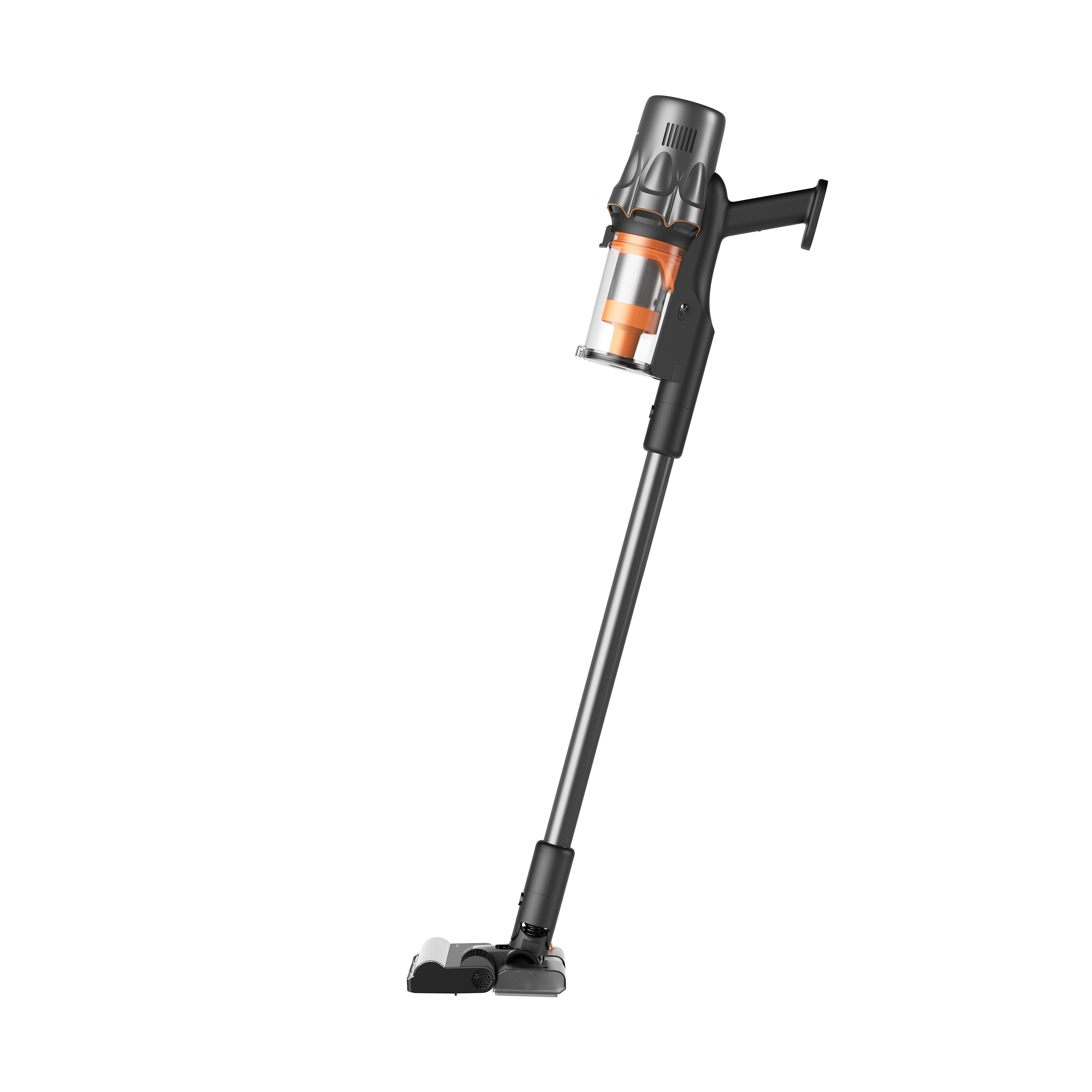 Odkurzacz bezprzewodowy, srebrno-czarny, z pomarańczowymi akcentami, na białym tle. Głowica na podłodze.