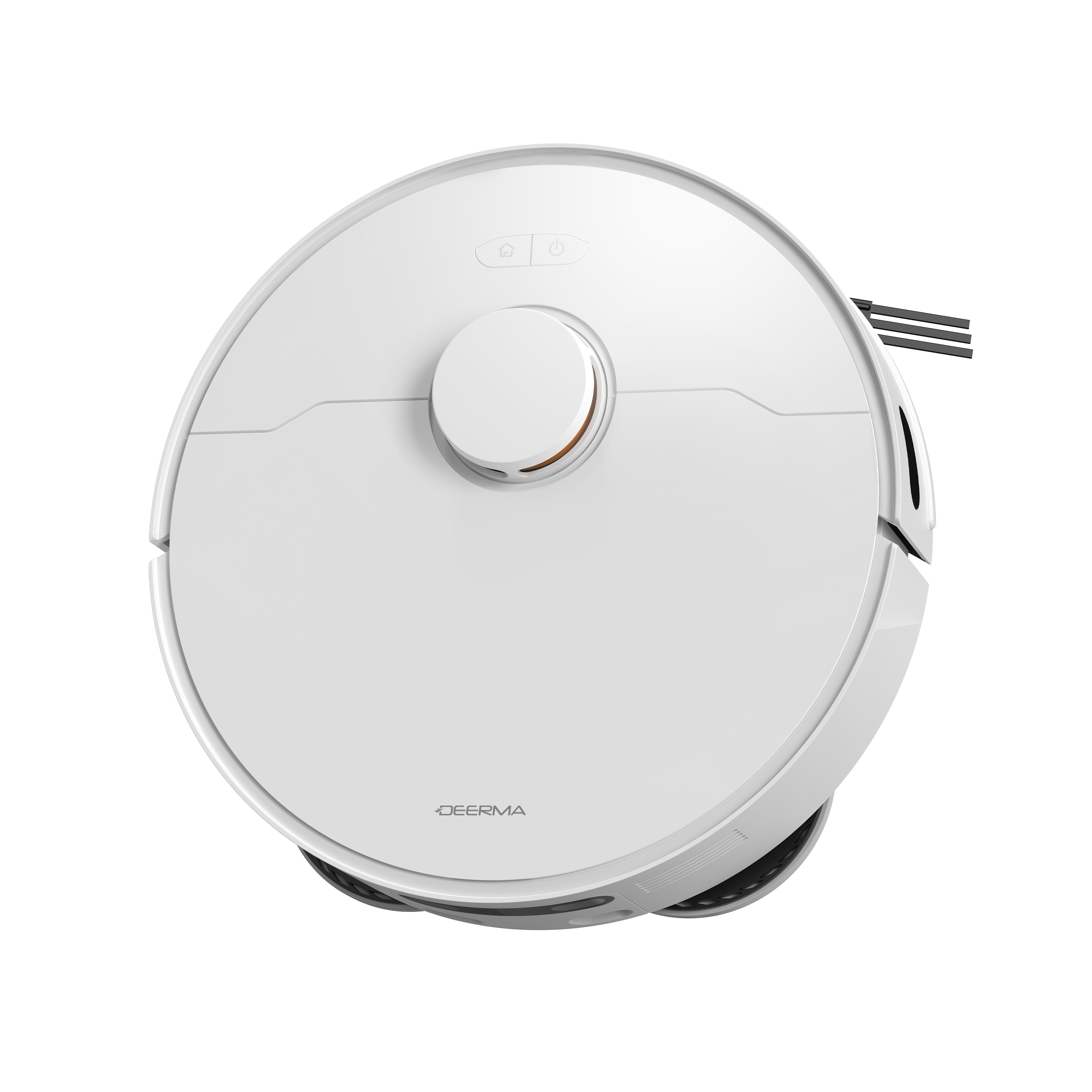 Biały odkurzacz robot. Posiada centralny przycisk, okrągły czujnik i stację ładującą.
