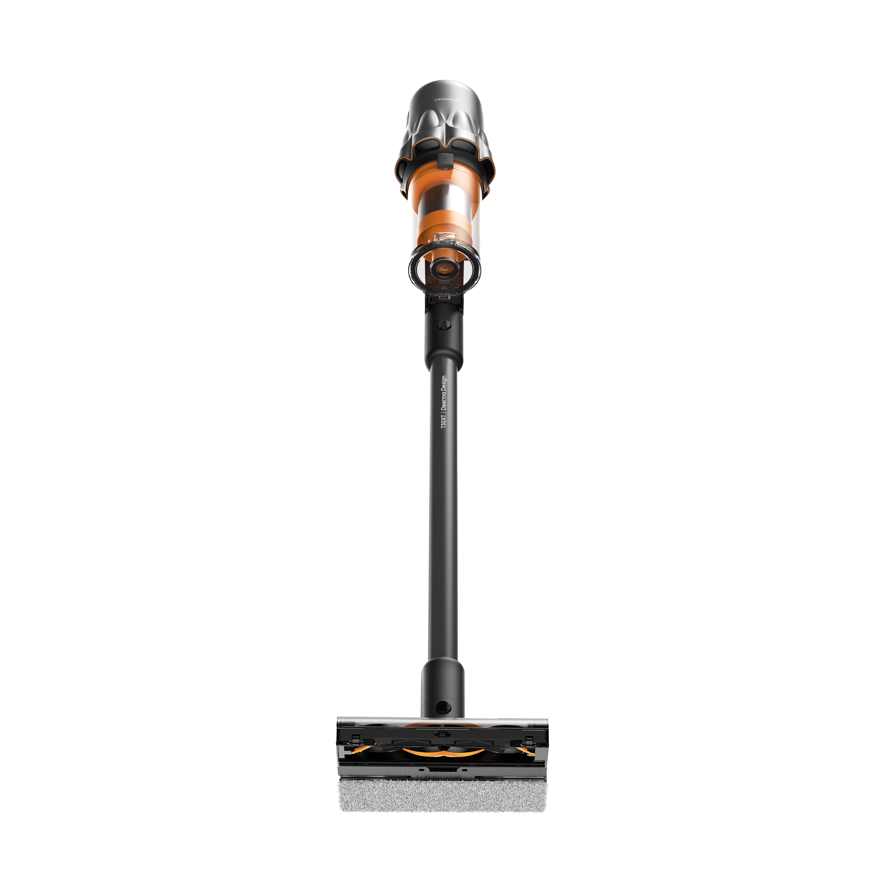 Odkurzacz bezprzewodowy z czarnymi i pomarańczowymi akcentami. Na białym tle. Głowica odkurzacza na dole.